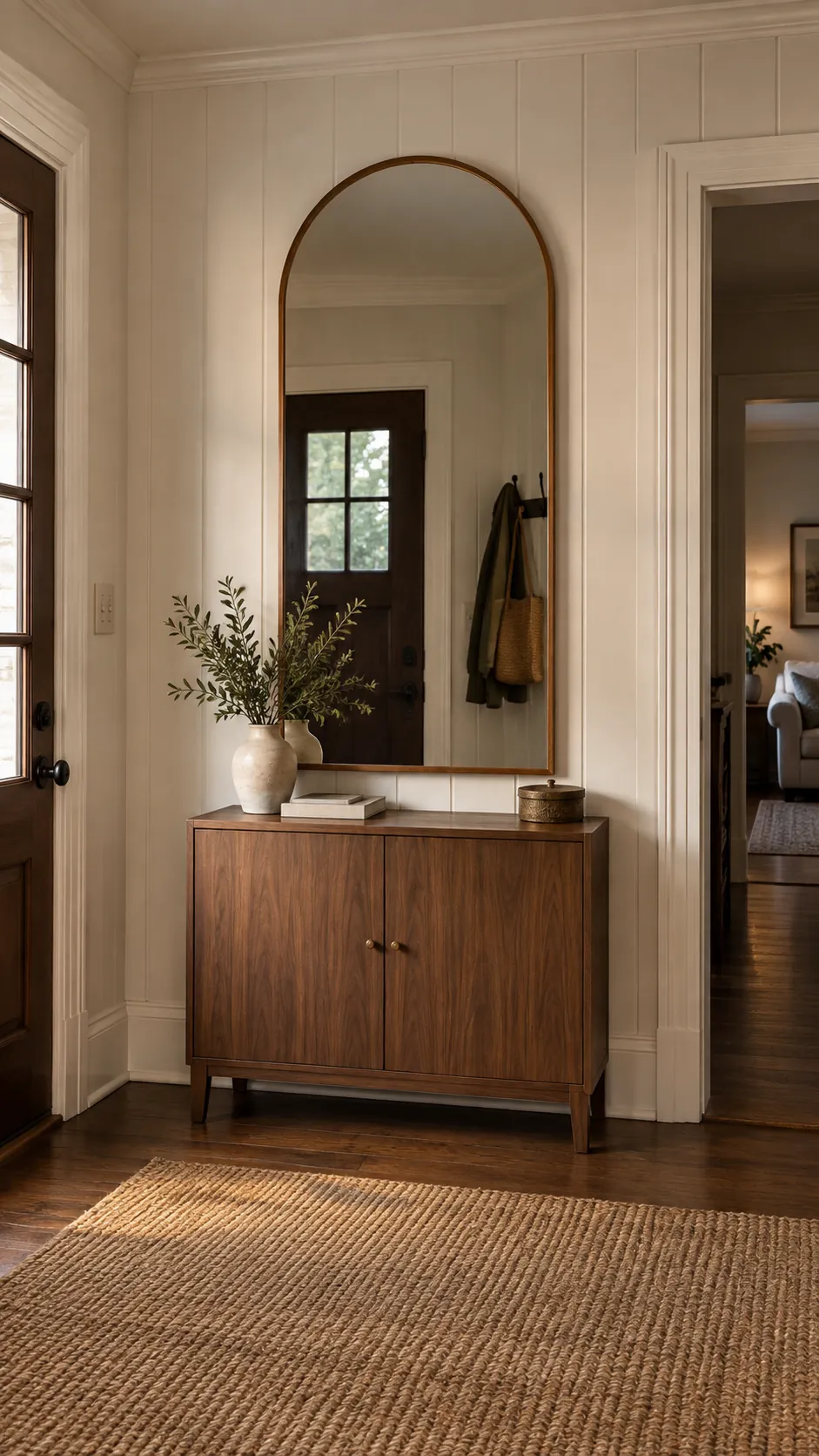 Arched Mirror in a Square Foyer in a practical home entryway