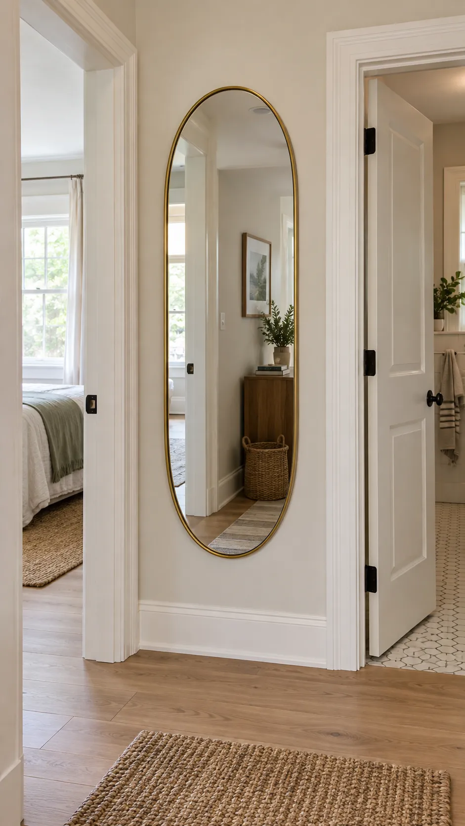 Oval Mirror Between Two Doorways in a practical home entryway