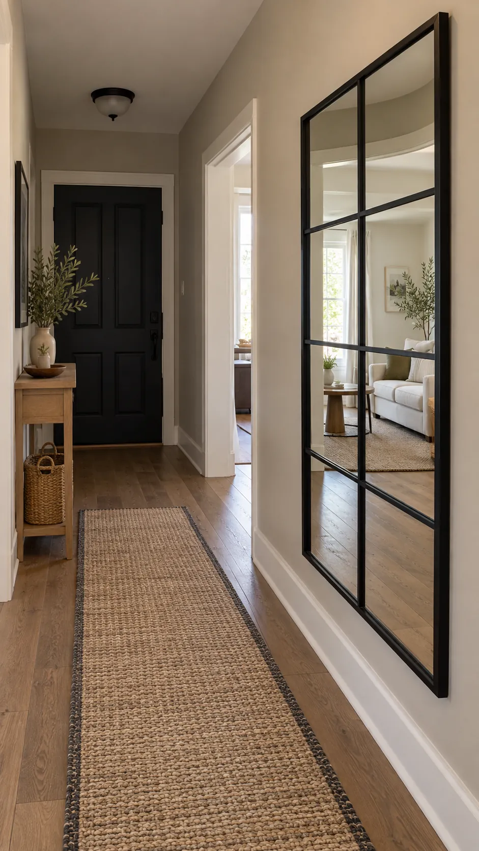Windowpane Mirror for a Dim Hall in a practical home entryway