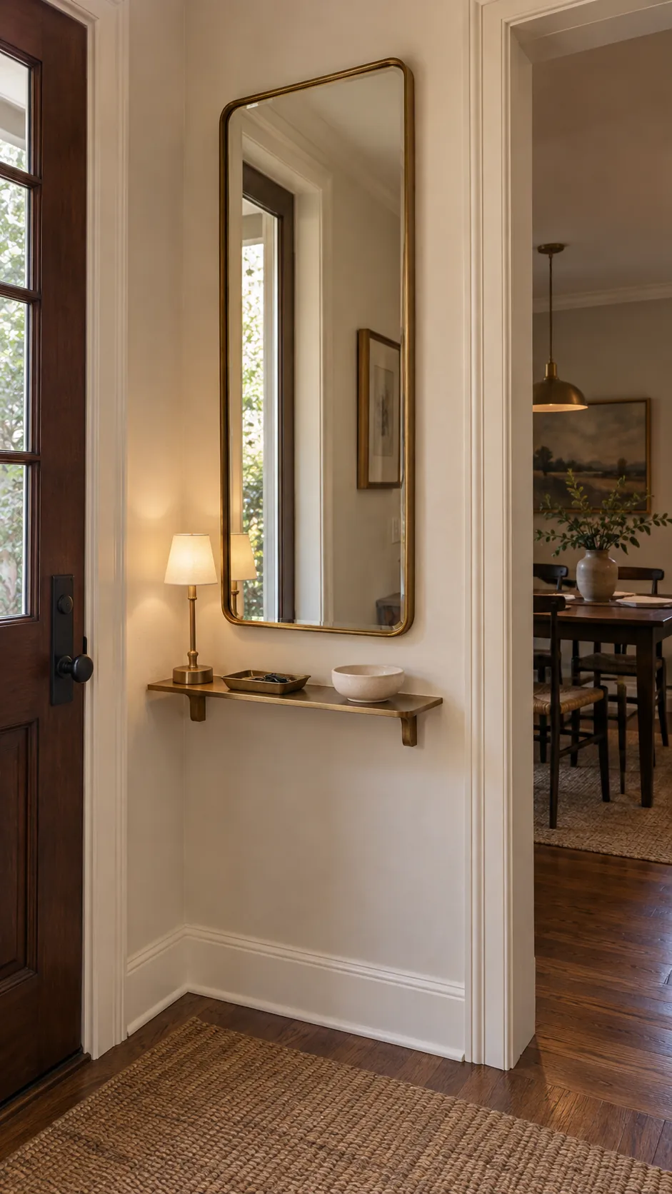 Warm Brass Mirror Against Pale Walls in a practical home entryway
