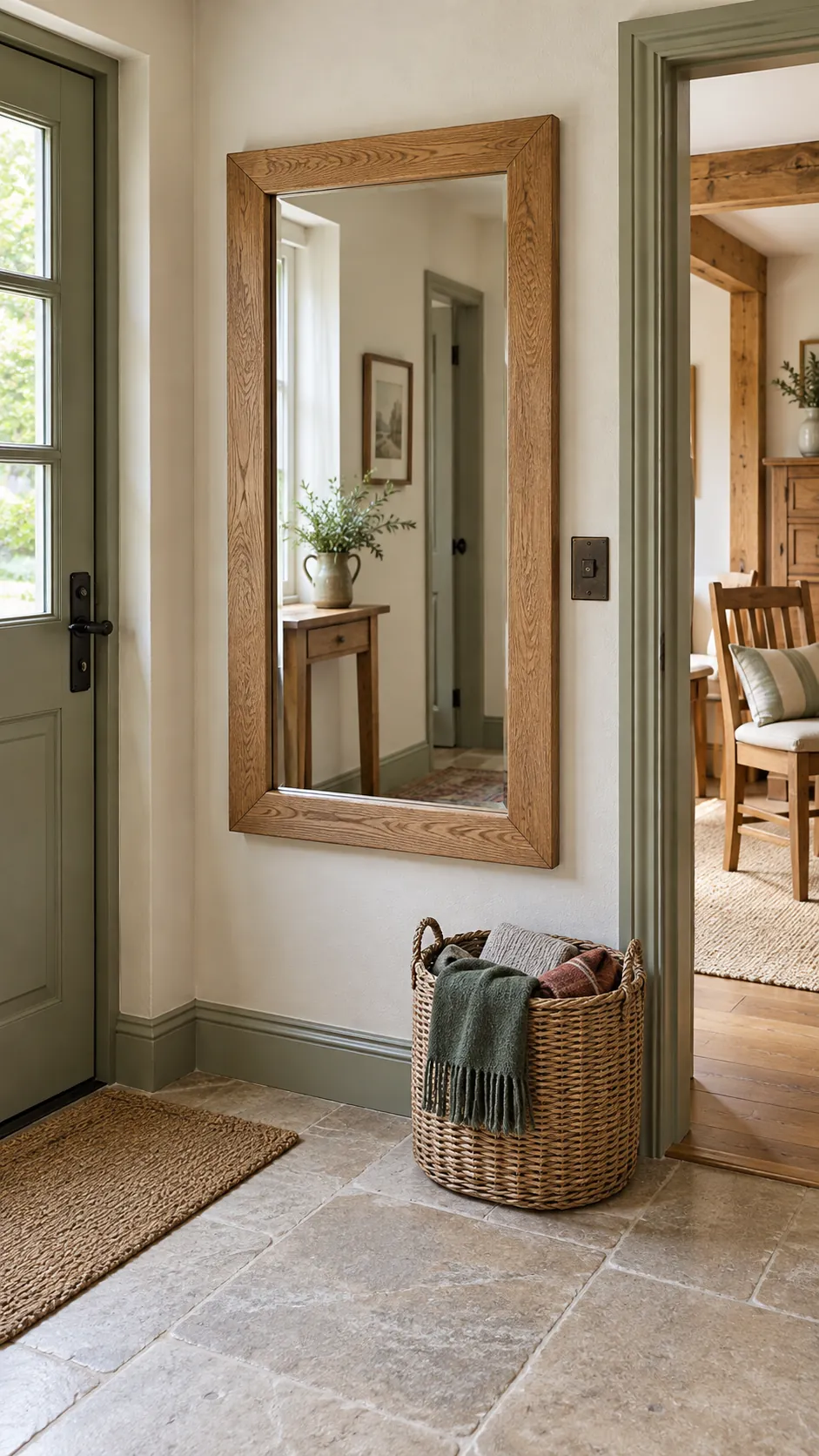 Oak Frame With a Woven Basket in a practical home entryway