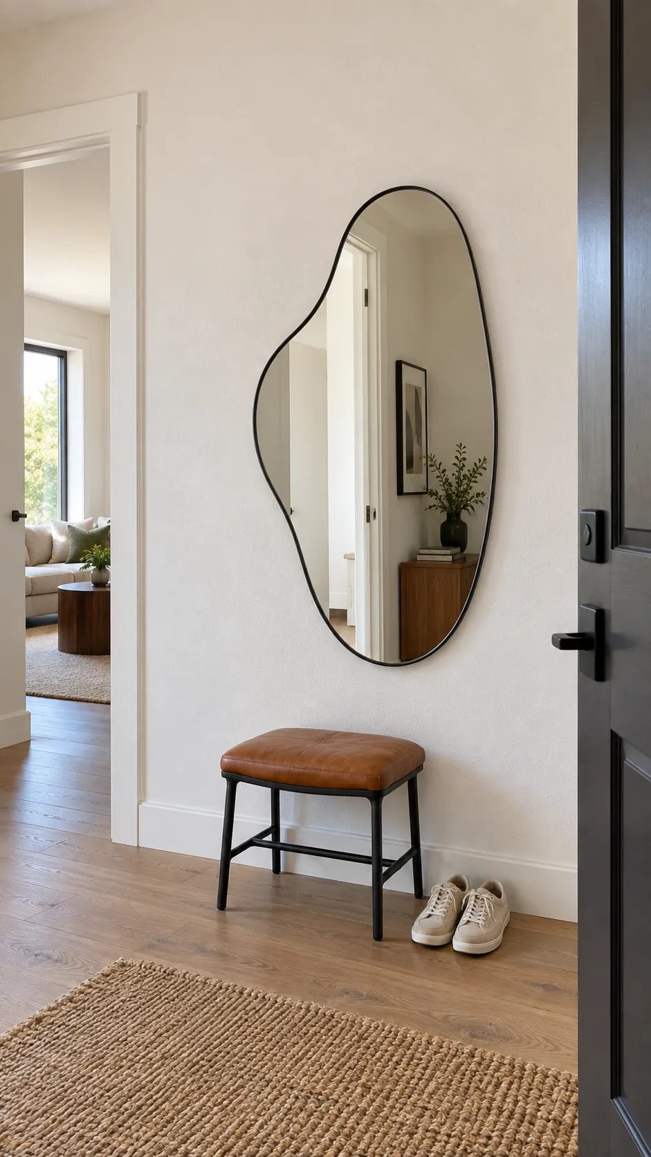 Asymmetrical Mirror on an Empty Wall in a practical home entryway