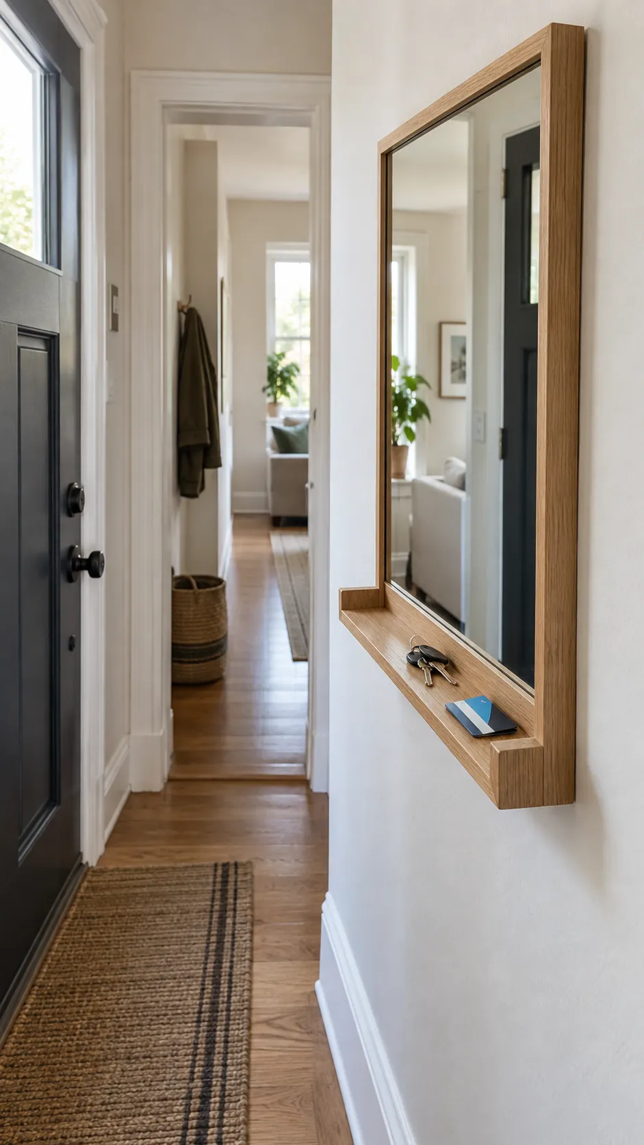 Mirror With an Integrated Ledge in a practical home entryway