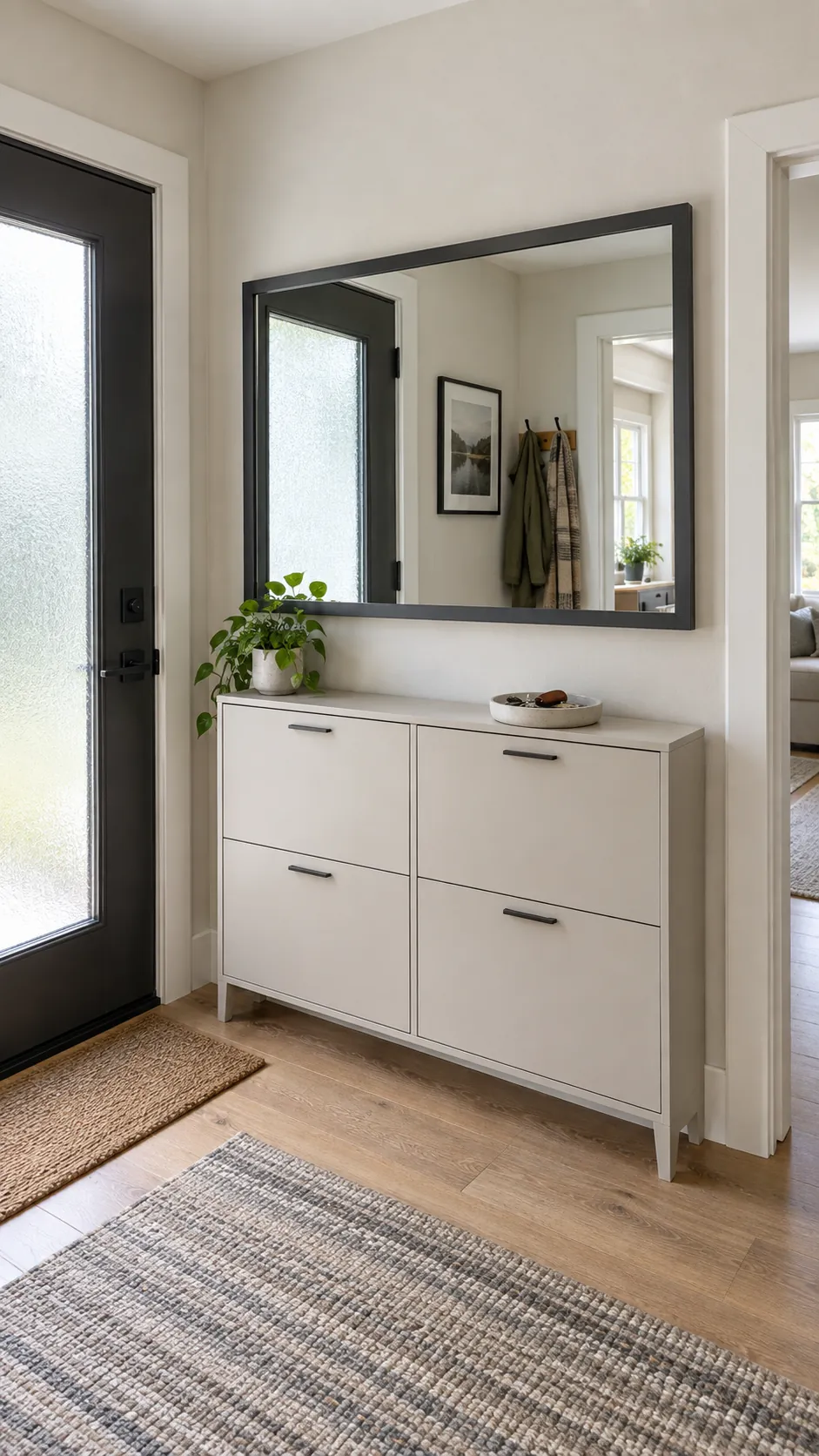 Mirror Above a Closed Shoe Cabinet in a practical home entryway