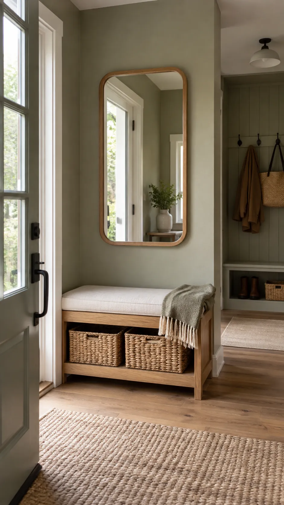 Mirror Behind a Compact Entry Bench in a practical home entryway