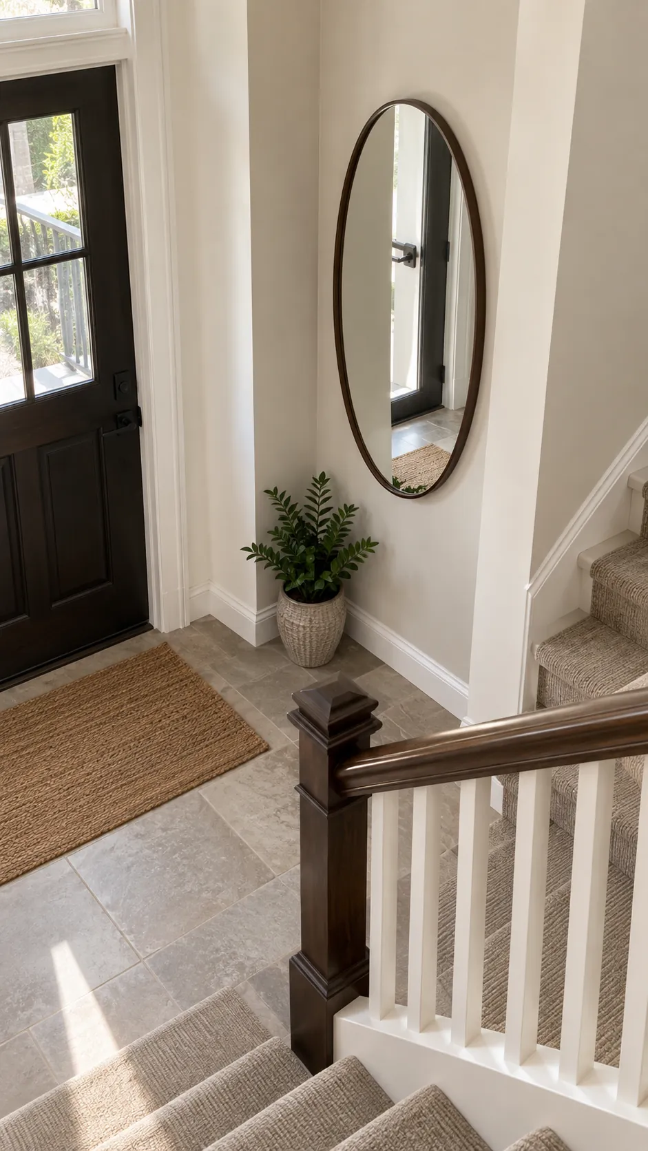 Corner Mirror Near a Stair Landing in a practical home entryway