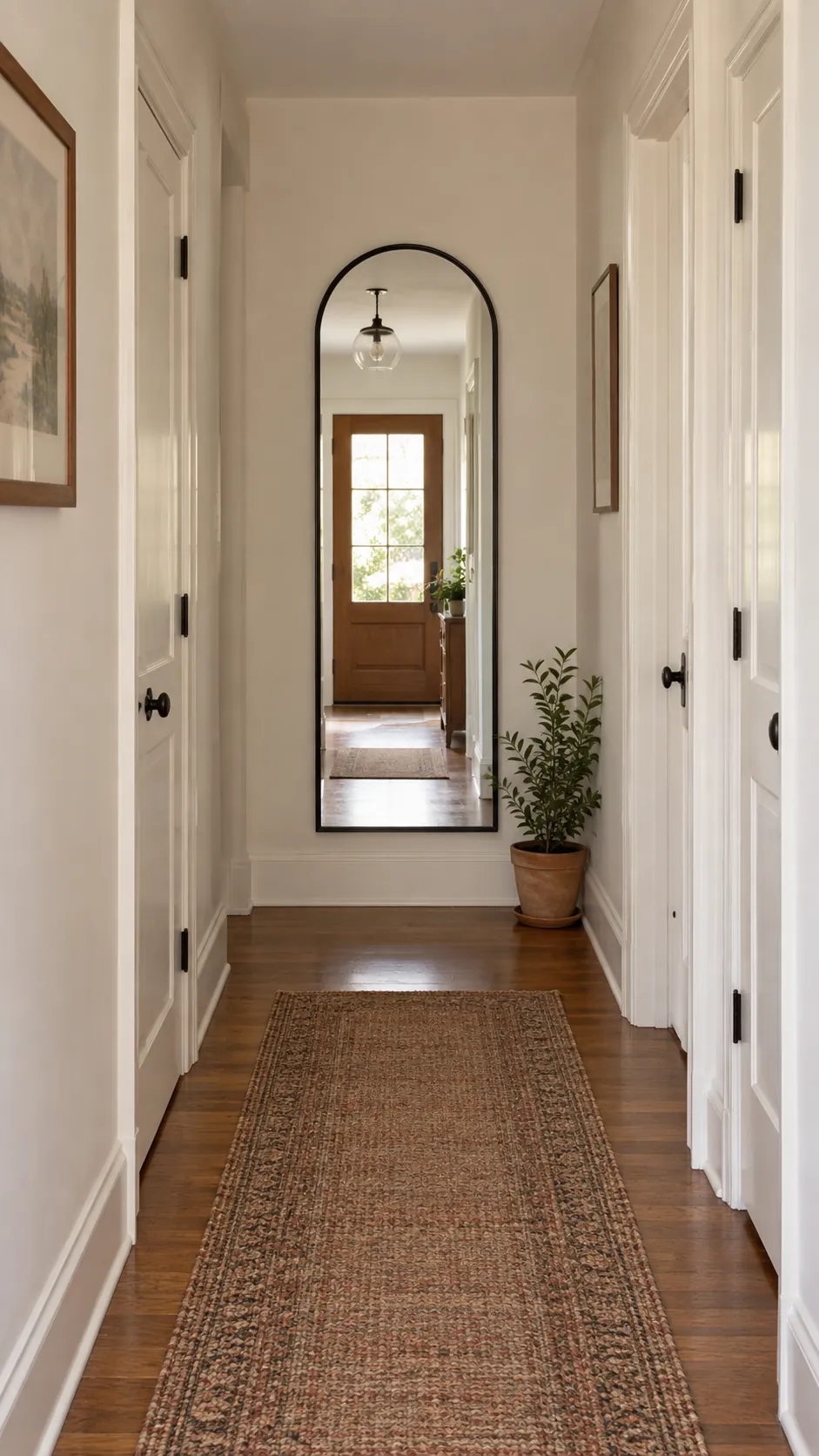 Mirror at the End of a Long Hall in a practical home entryway