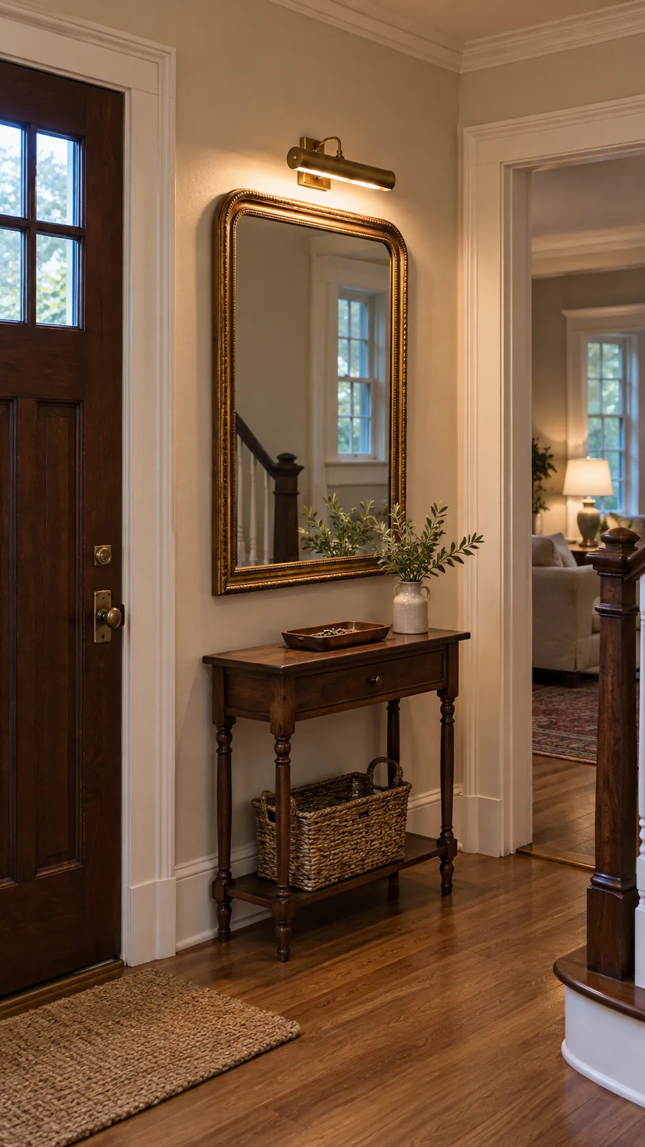 Picture Light Above a Traditional Mirror in a practical home entryway