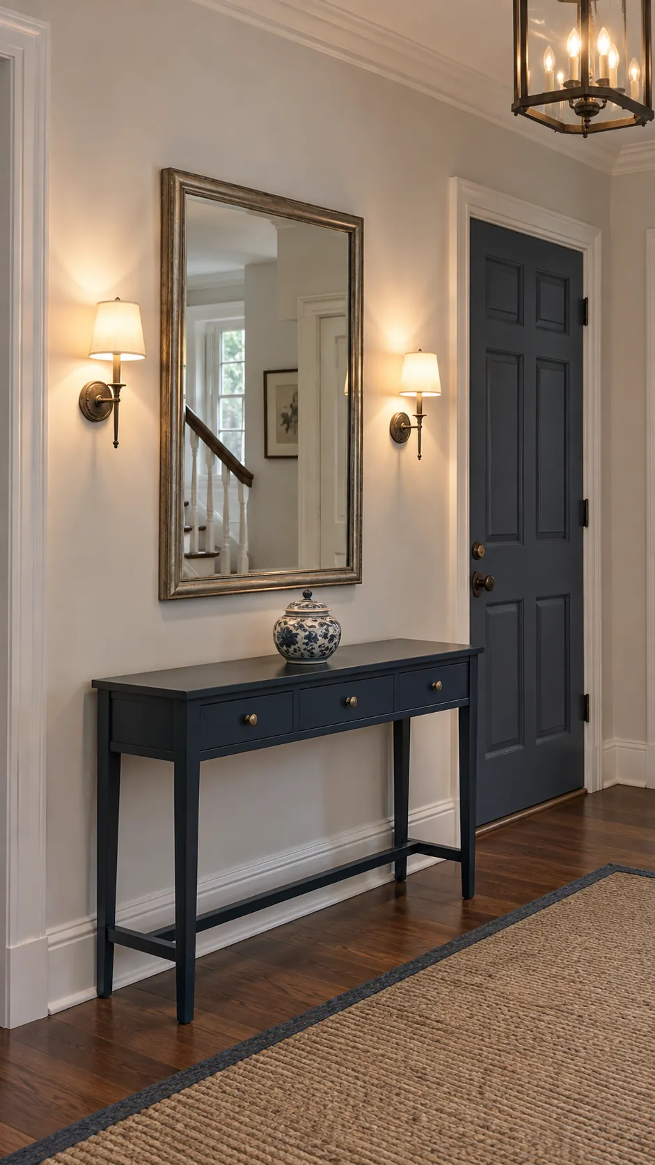 Mirror Between a Pair of Sconces in a practical home entryway