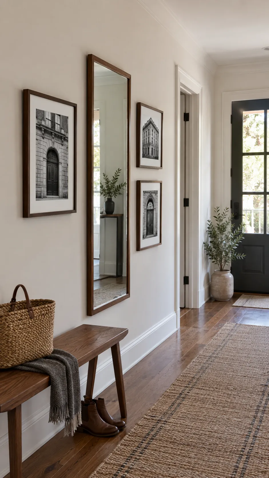 Mirror Within a Small Gallery Arrangement in a practical home entryway