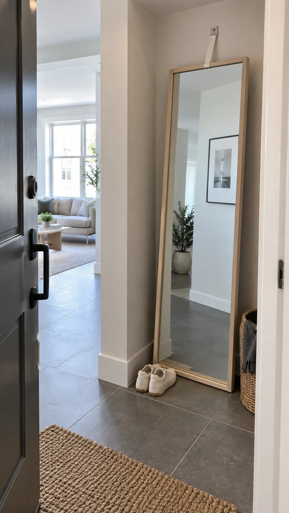 Leaning Mirror in a Renter Friendly Nook in a practical home entryway