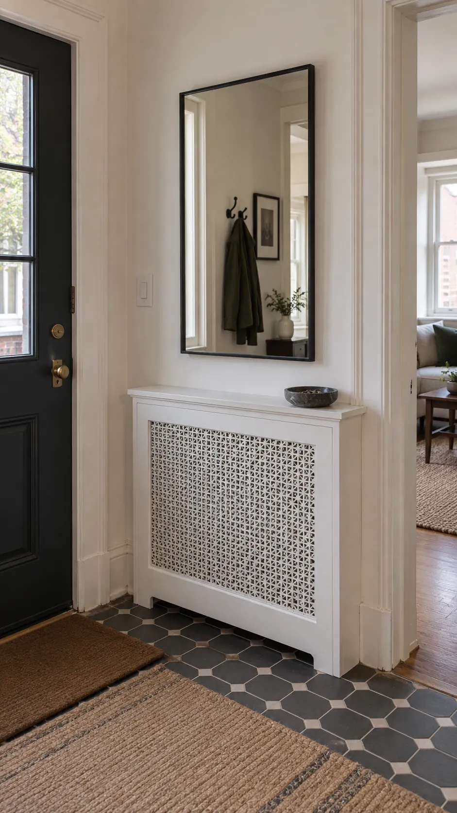 Mirror Over a Radiator Cover in a practical home entryway