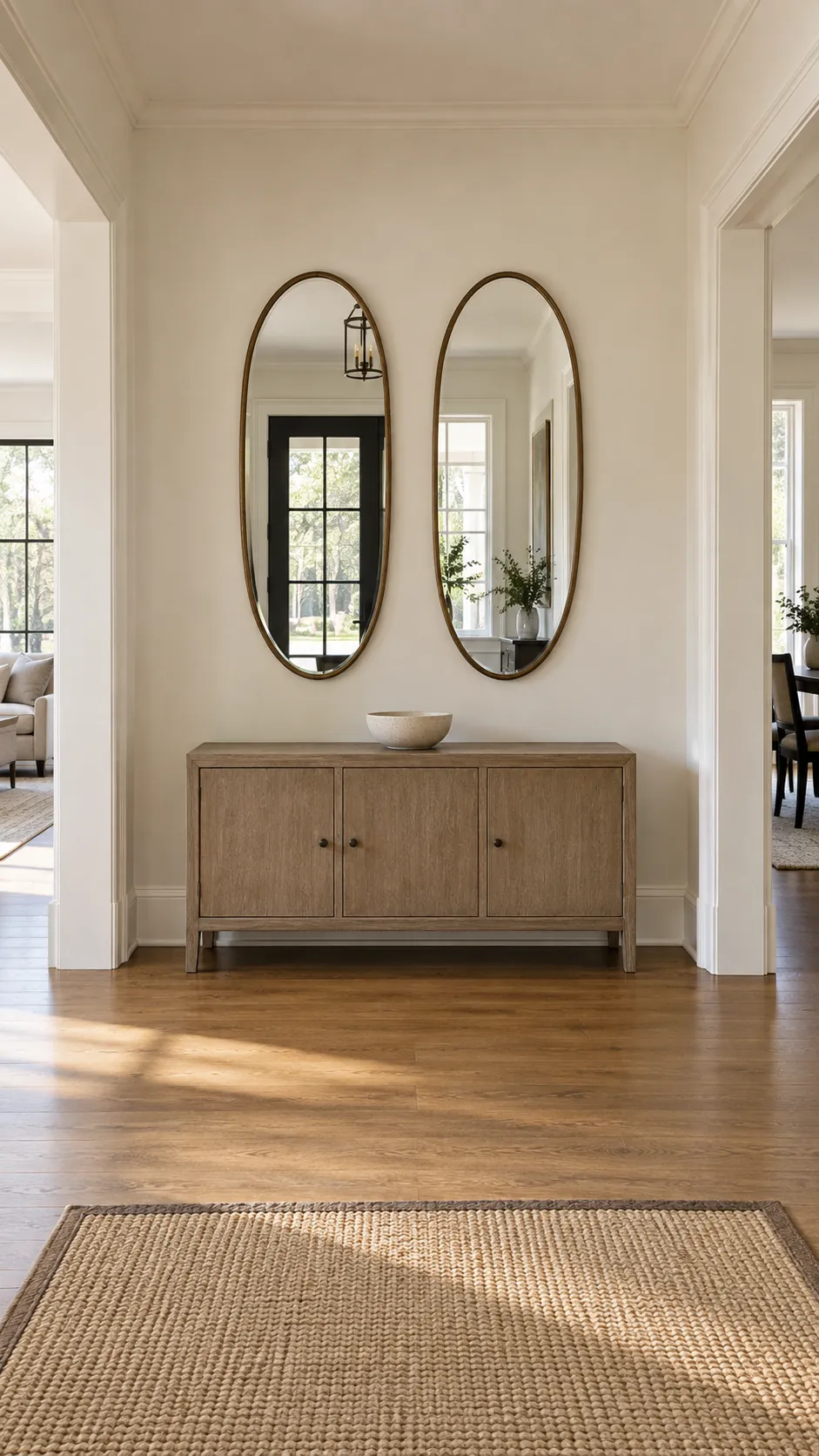 Two Matching Mirrors in a Wide Foyer in a practical home entryway