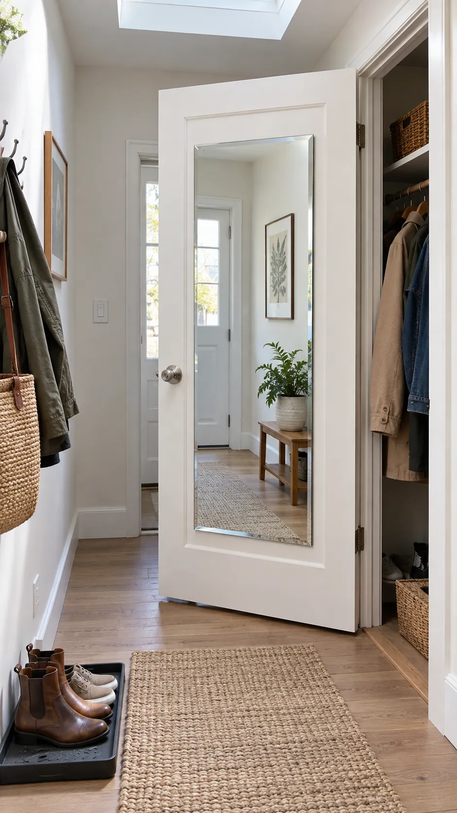 Mirror on a Coat Closet Door in a practical home entryway