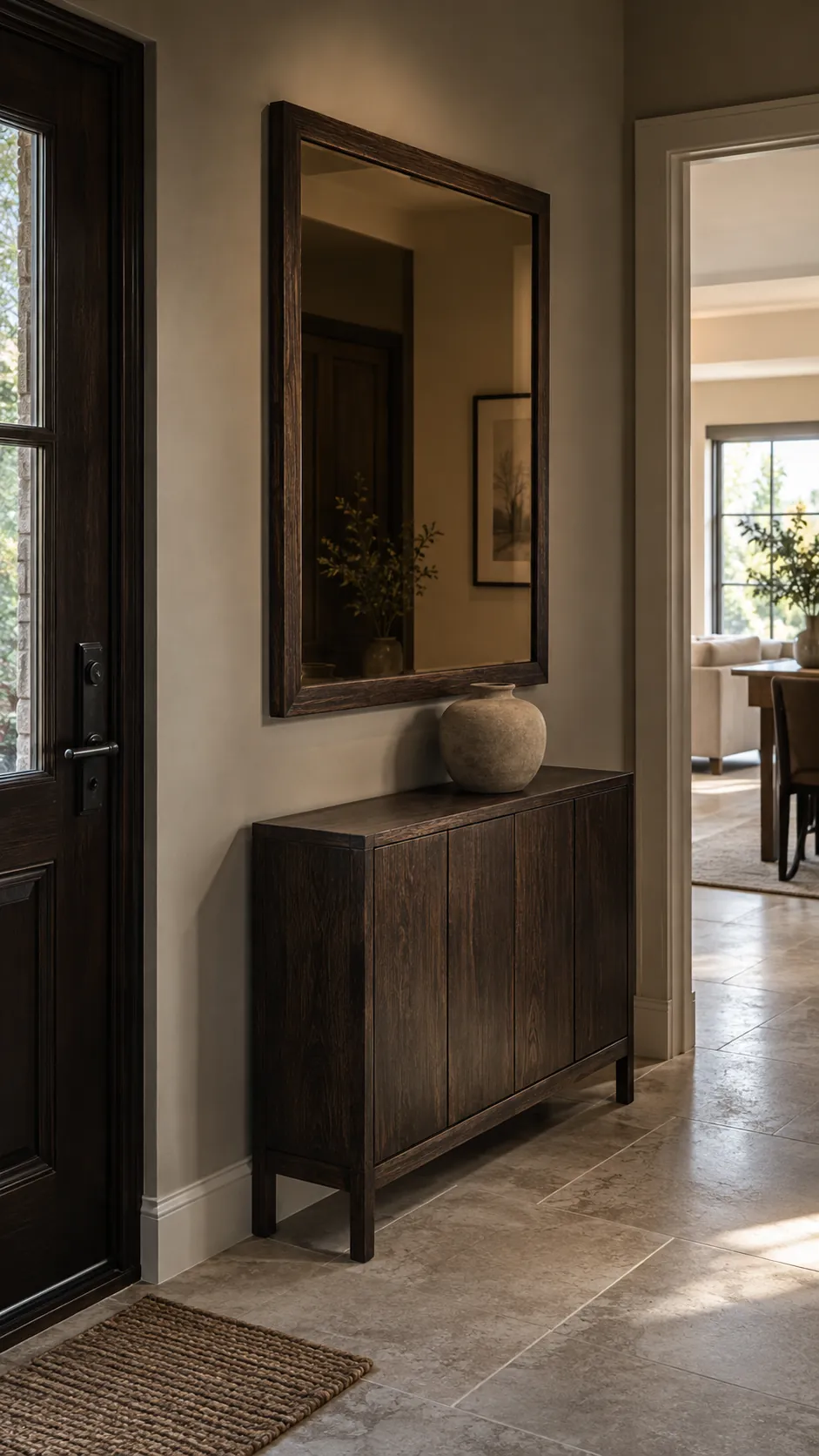 Softly Tinted Mirror for a Layered Entry in a practical home entryway