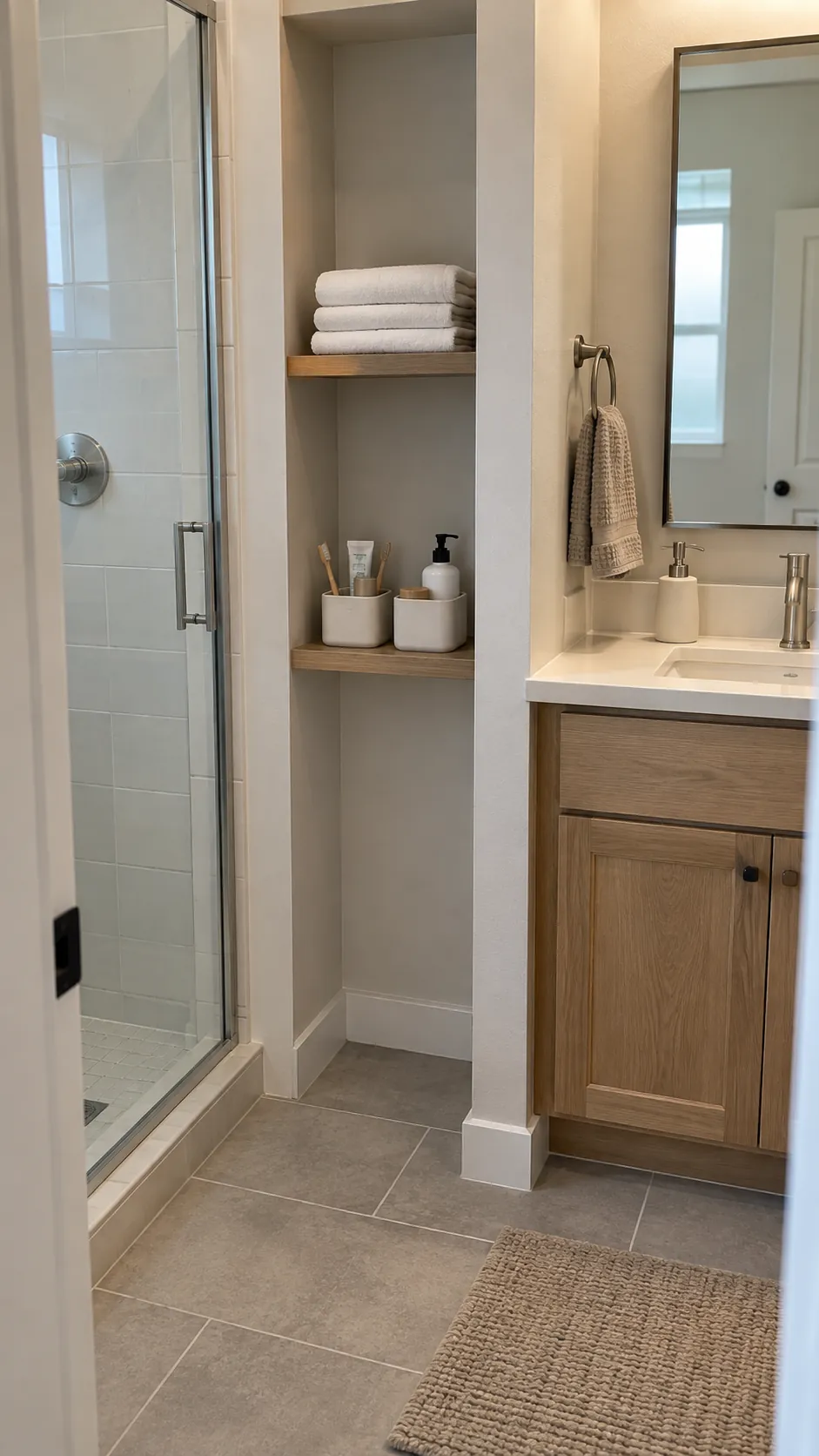Small bathroom alcove with a restrained useful arrangement