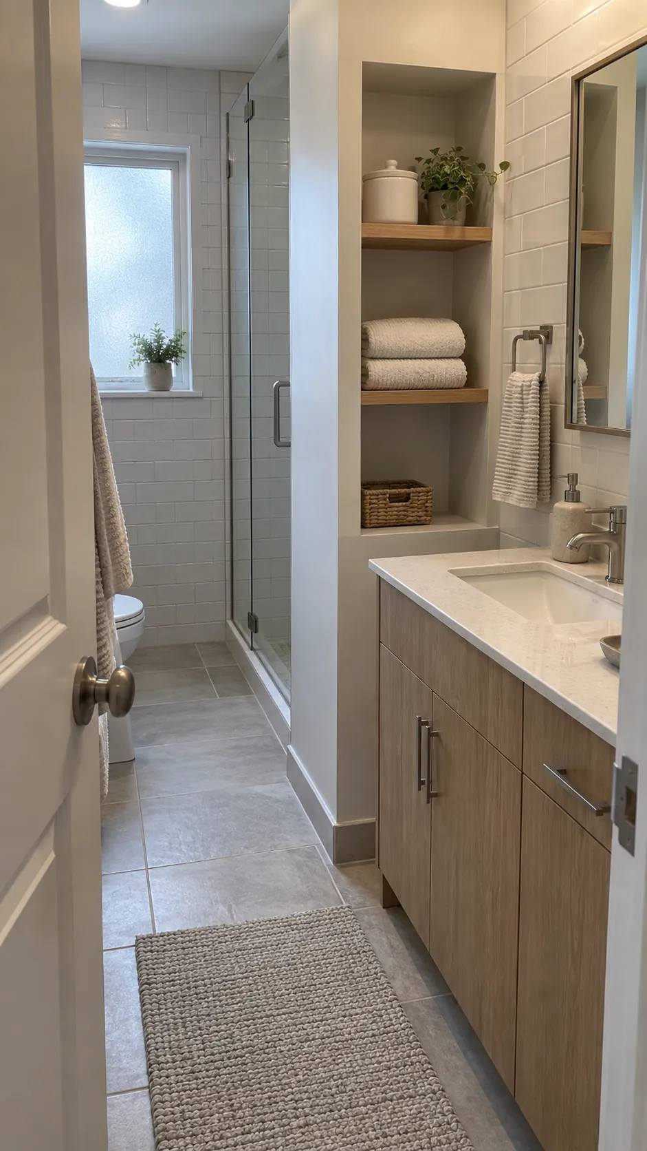 Small bathroom with a useful calm alcove beside the vanity