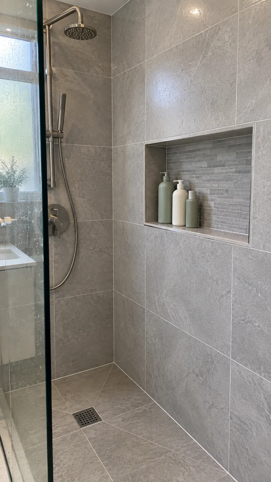 Recessed shower niche with a few bottles and water resistant tile