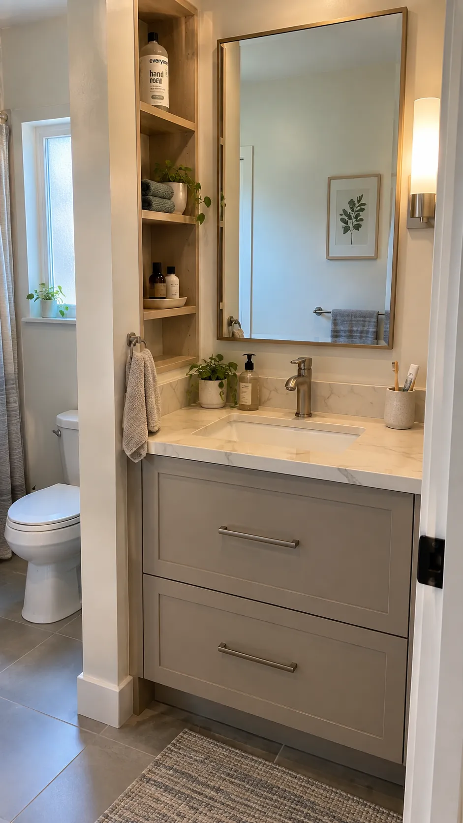 Compact vanity nook with clear counter and reachable storage