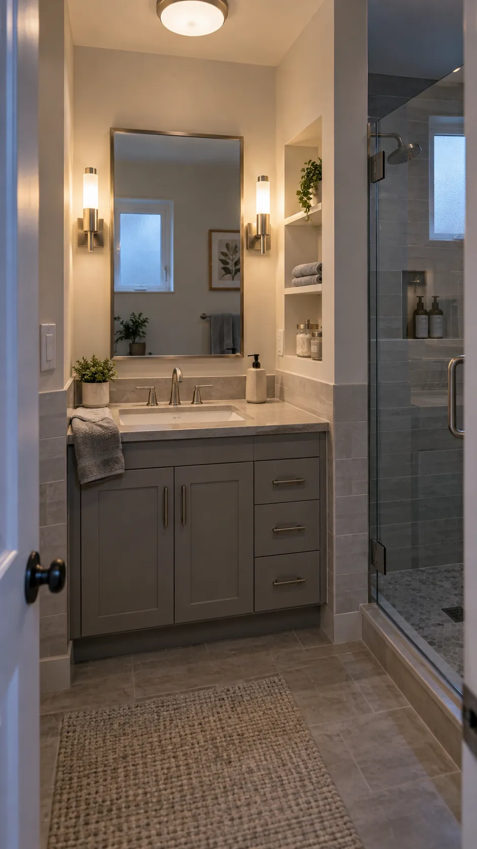 Bathroom vanity alcove with balanced practical lighting