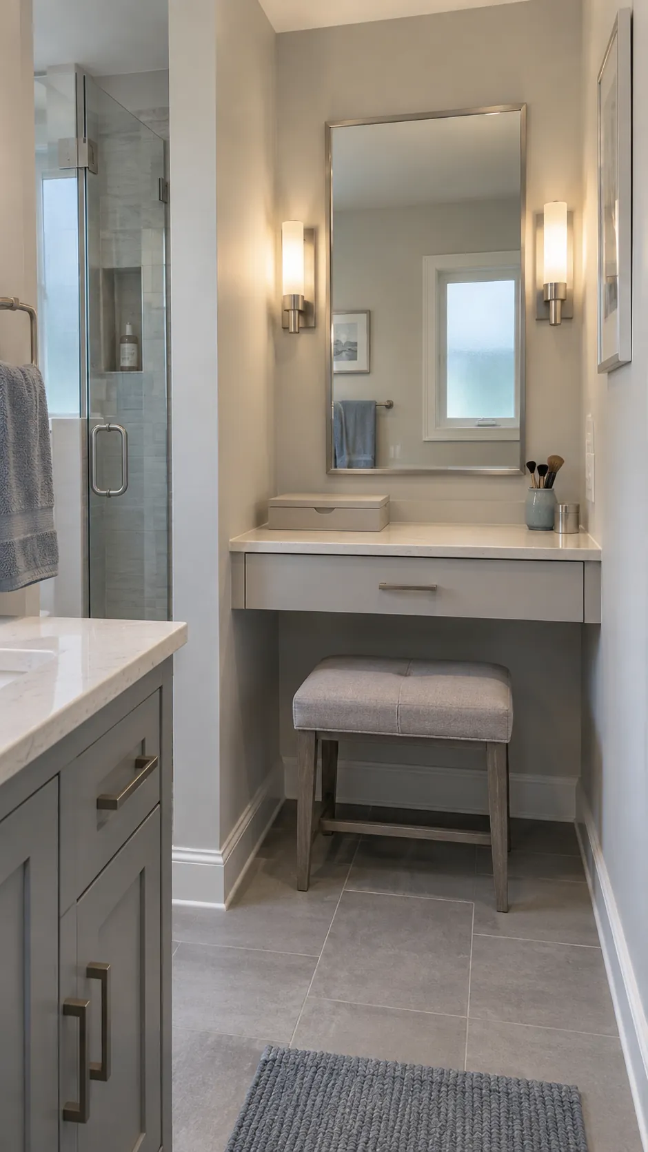 Dry compact bathroom makeup nook with clear lighting and storage