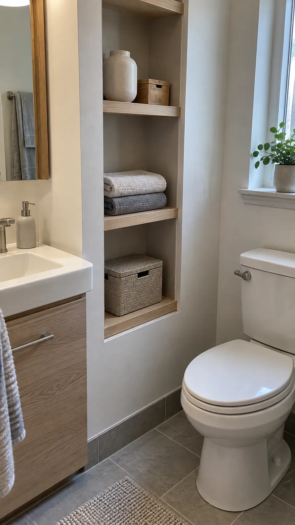 Built in bathroom alcove shelves with towels and simple containers