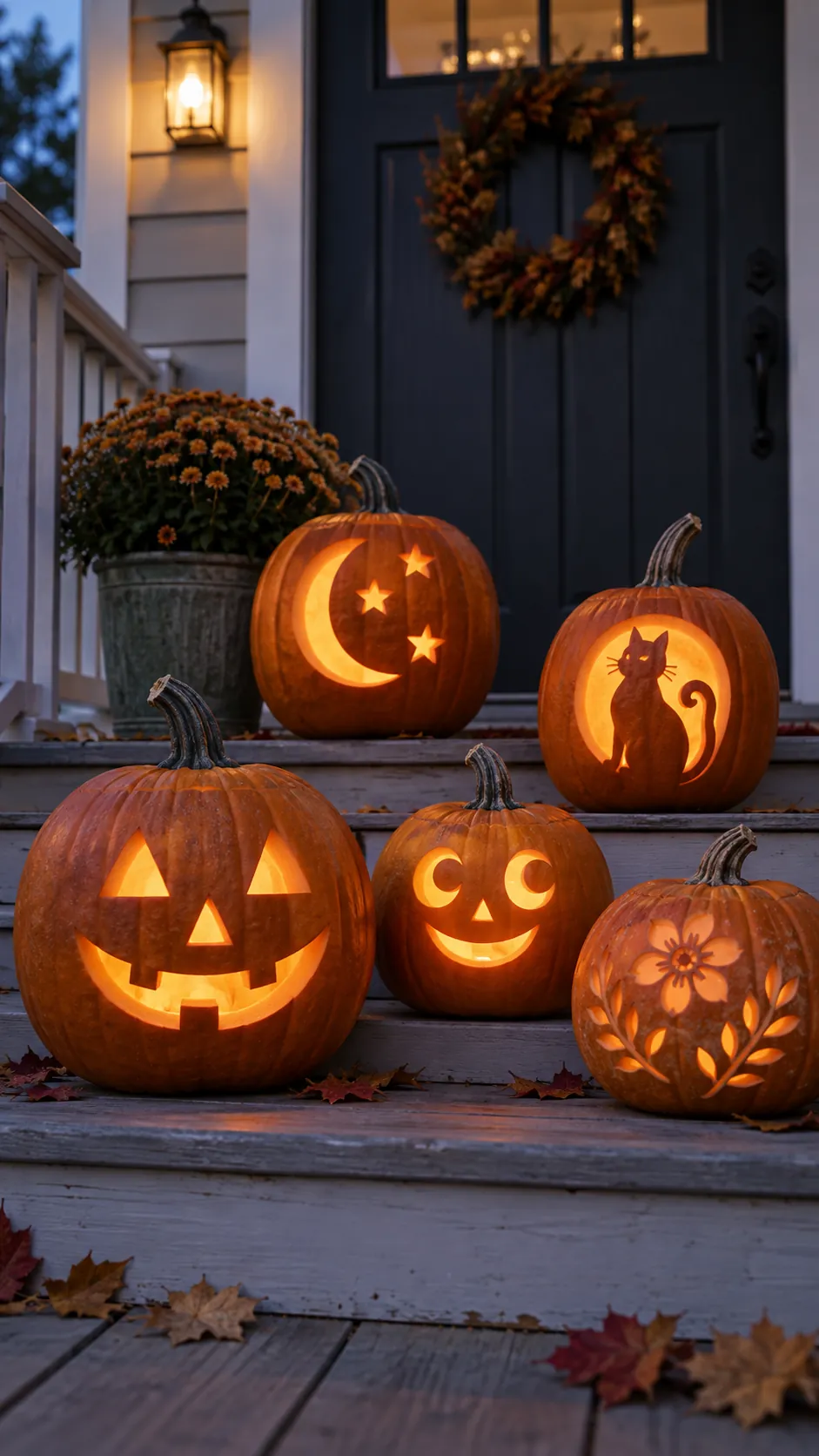 Varied carved jack o lanterns glowing on a Halloween front porch