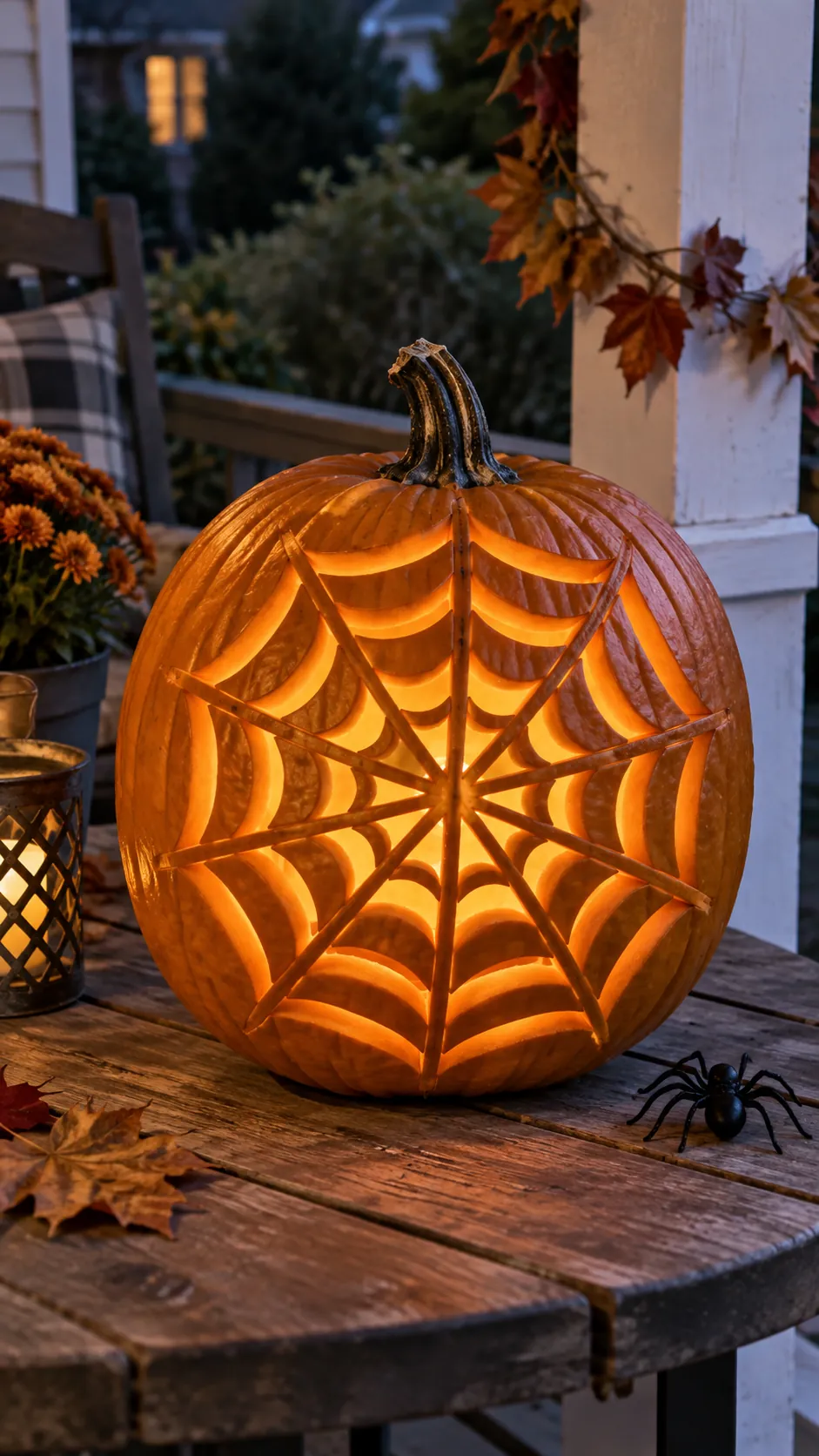 Spiderweb Glow jack o lantern idea on a Halloween pumpkin