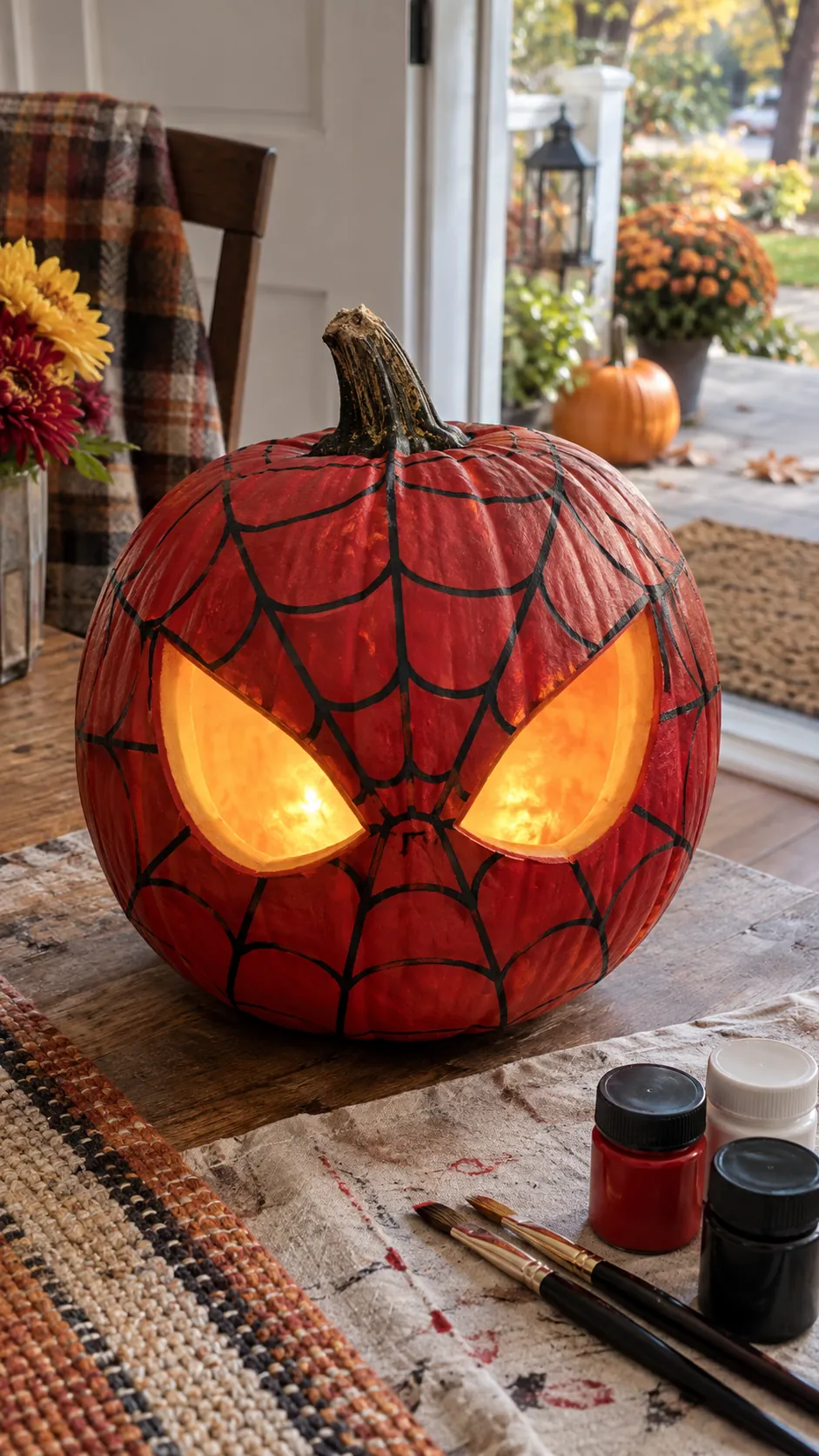 Webbed Superhero Mask jack o lantern idea on a Halloween pumpkin