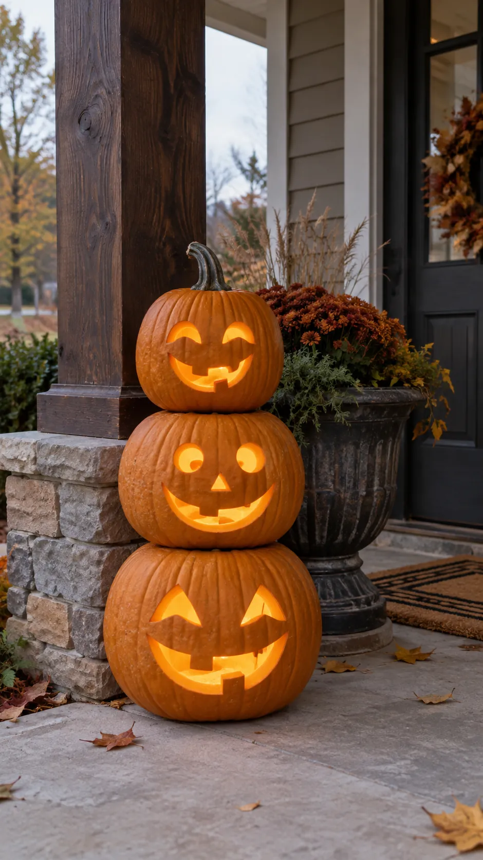 Stacked Pumpkin Totem jack o lantern idea on a Halloween pumpkin