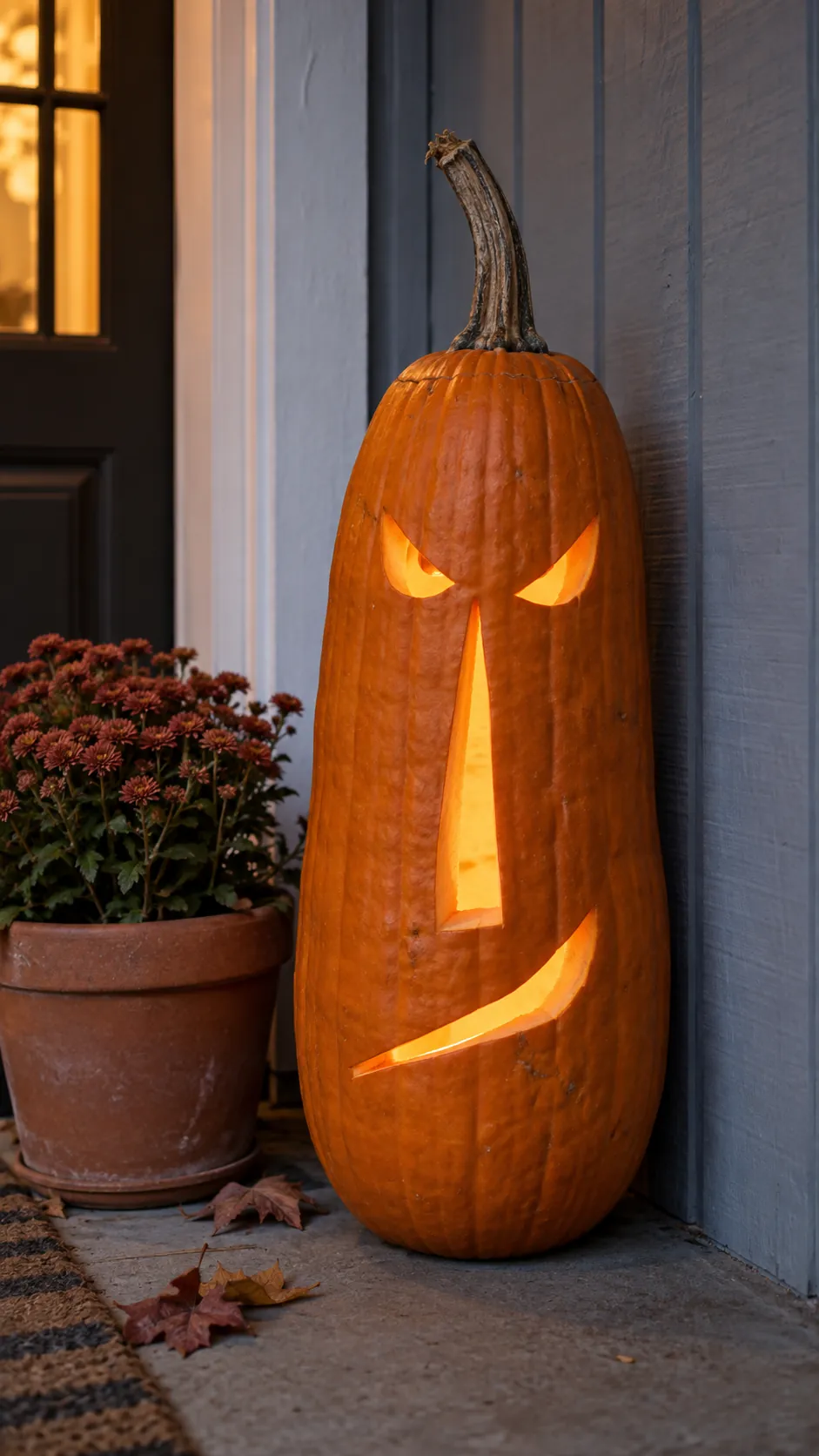 Long Pumpkin Sneer jack o lantern idea on a Halloween pumpkin
