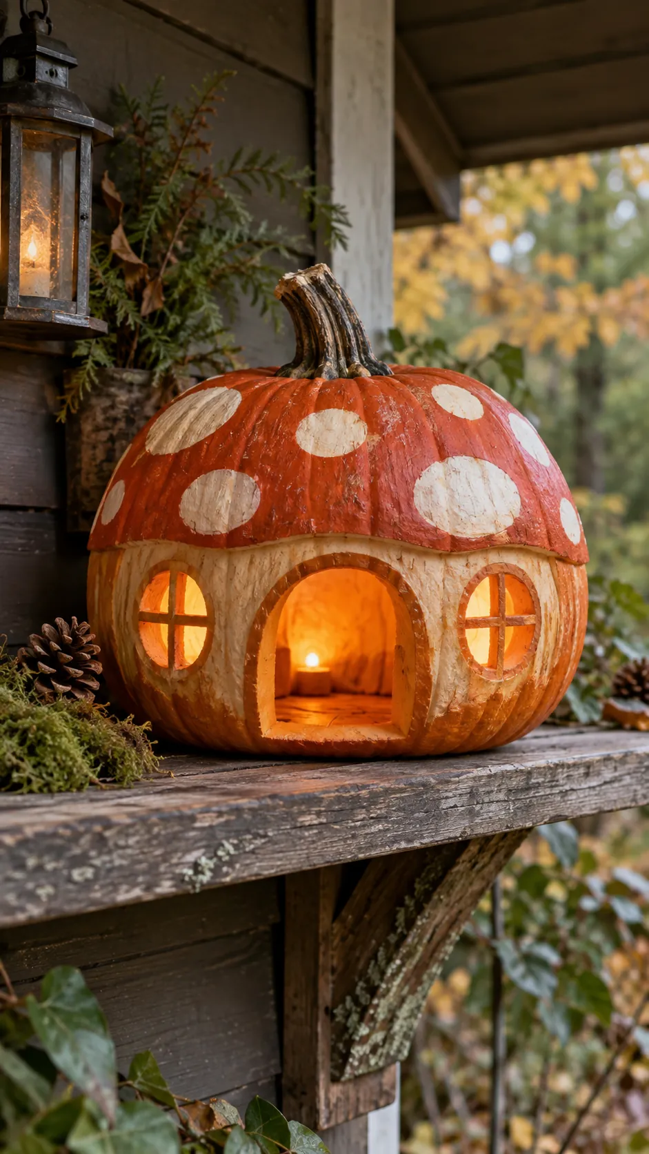 Mushroom Cottage jack o lantern idea on a Halloween pumpkin