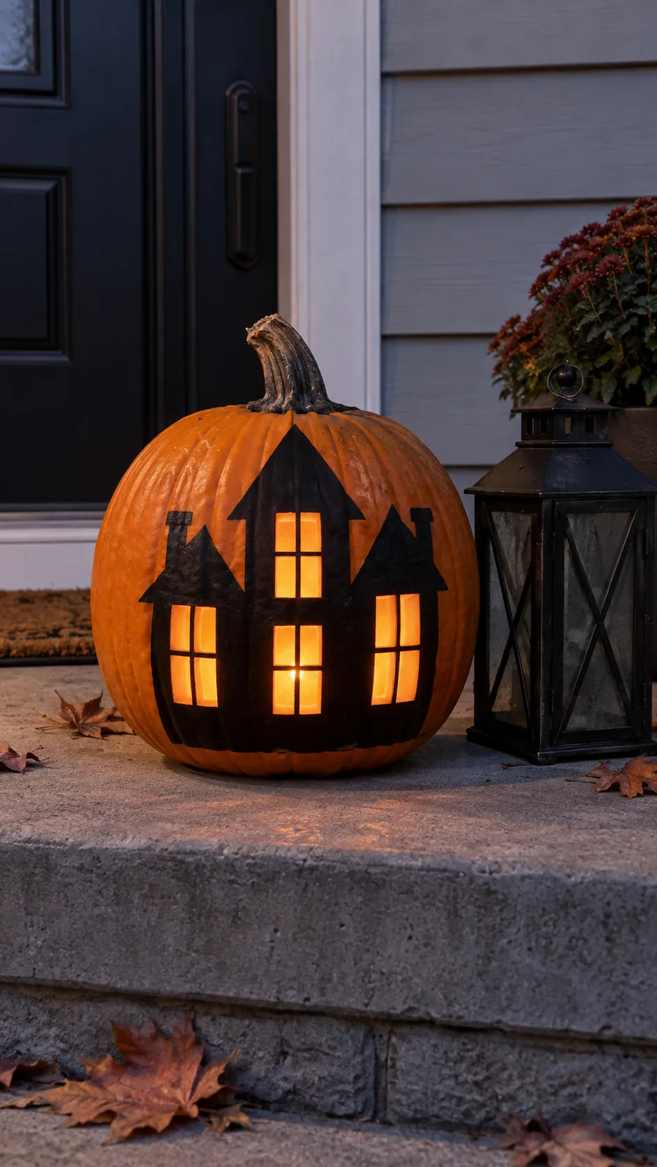 Haunted House Windows jack o lantern idea on a Halloween pumpkin