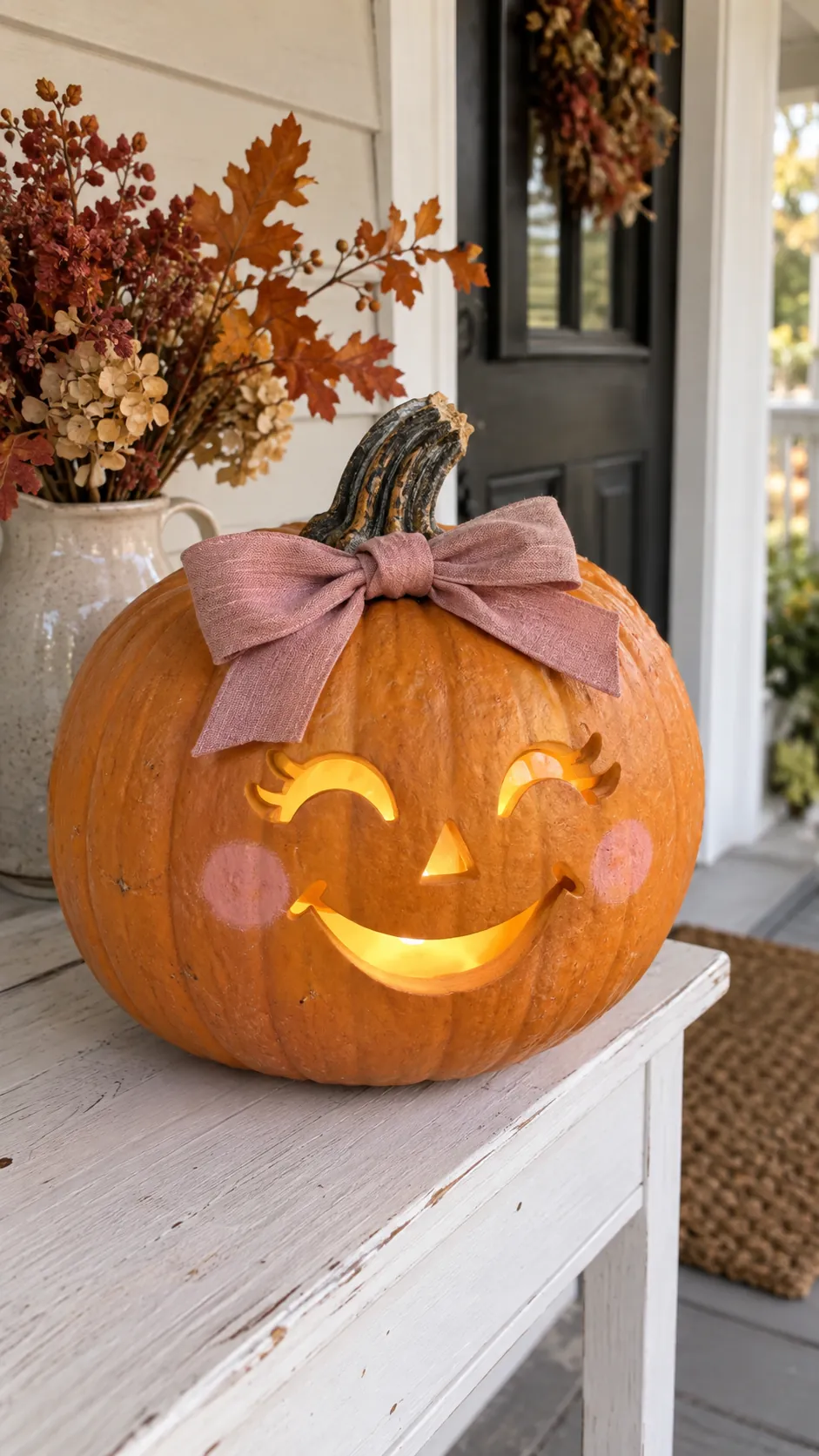 Ribbon Bow Accent jack o lantern idea on a Halloween pumpkin