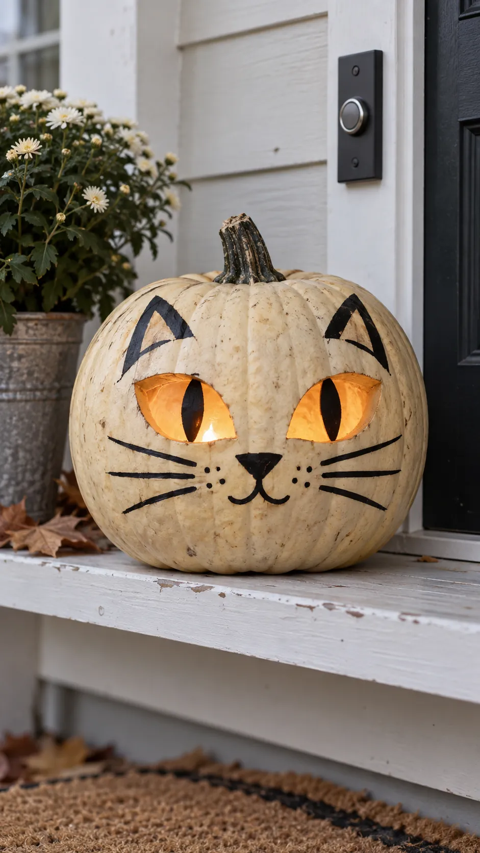 Painted Midnight Cat jack o lantern idea on a Halloween pumpkin
