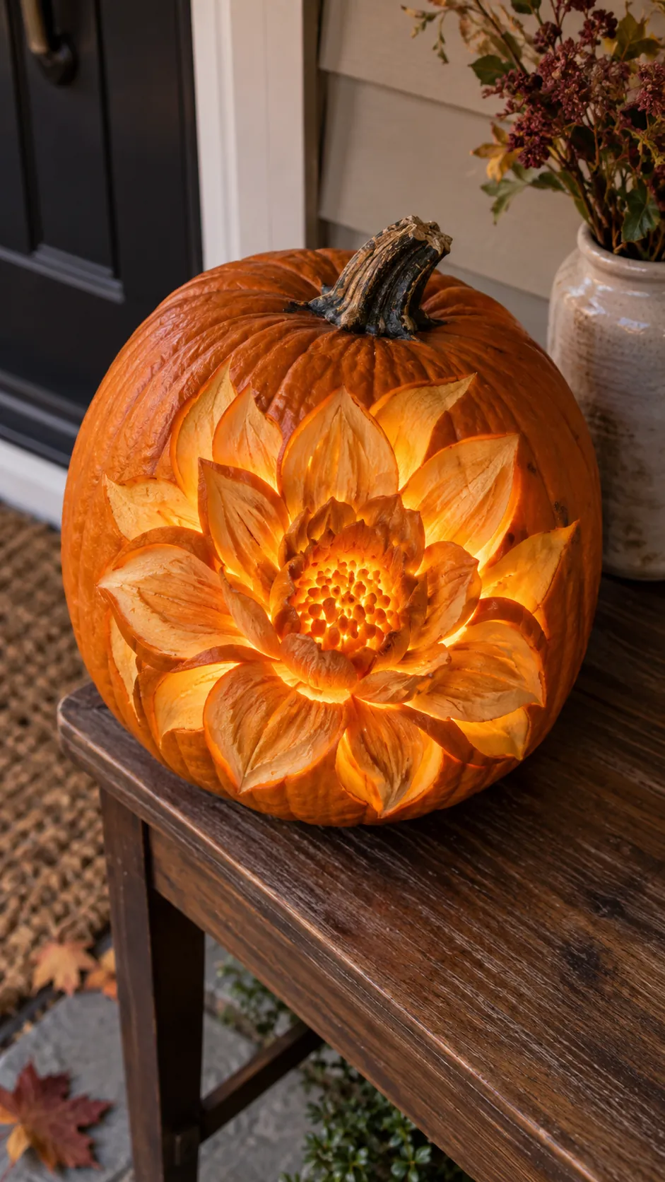 Deep Carved Floral Glow jack o lantern idea on a Halloween pumpkin