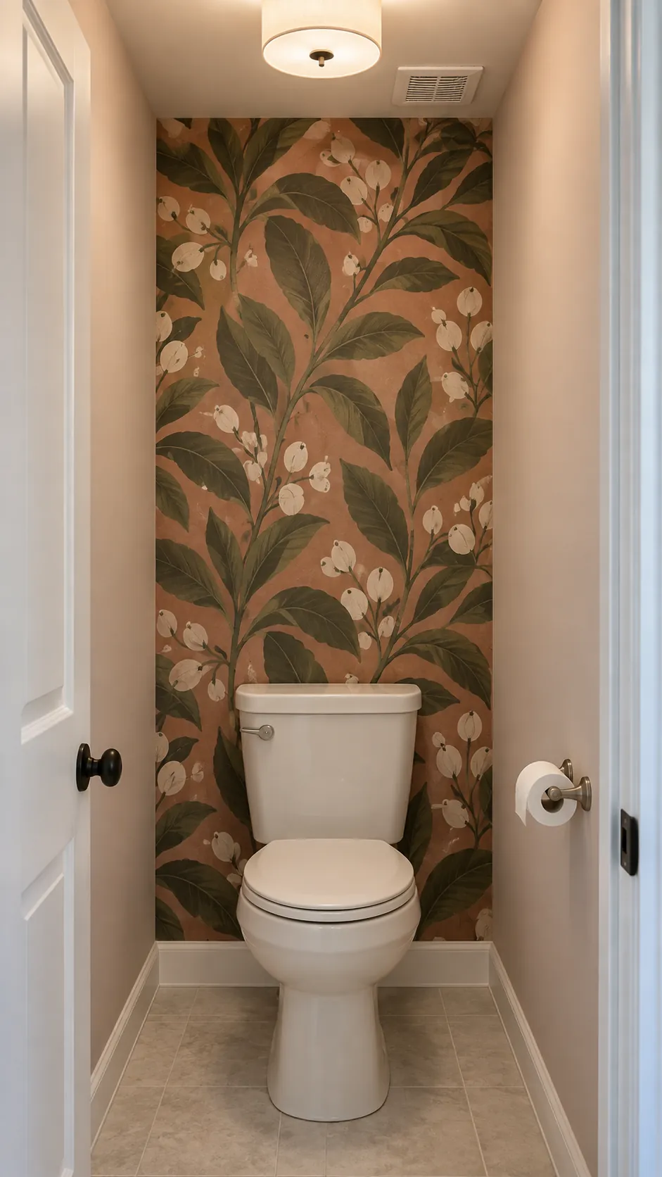 Small water closet with a defined botanical wallpaper wall