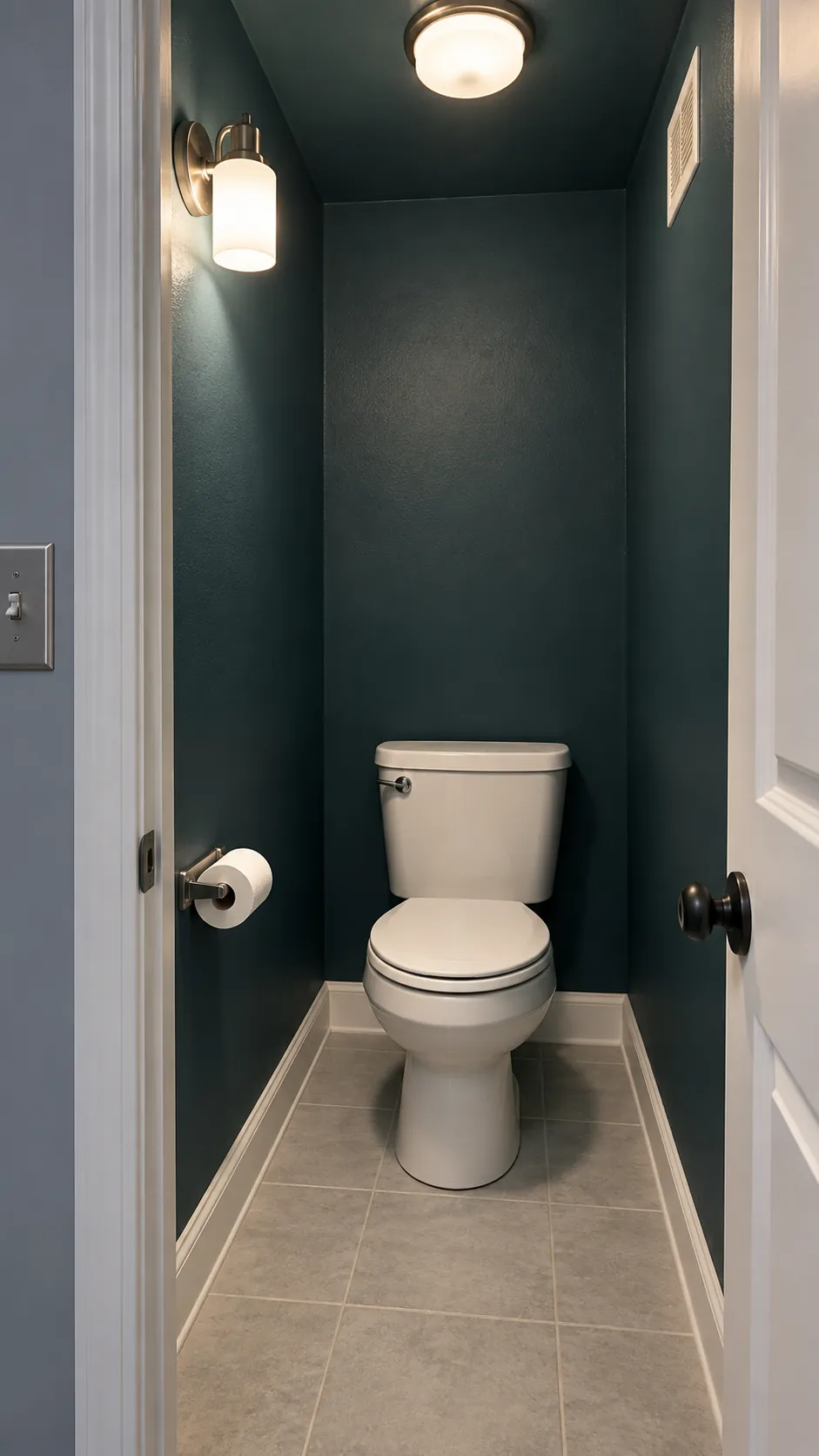 Compact toilet room with muted deep paint and clear lighting