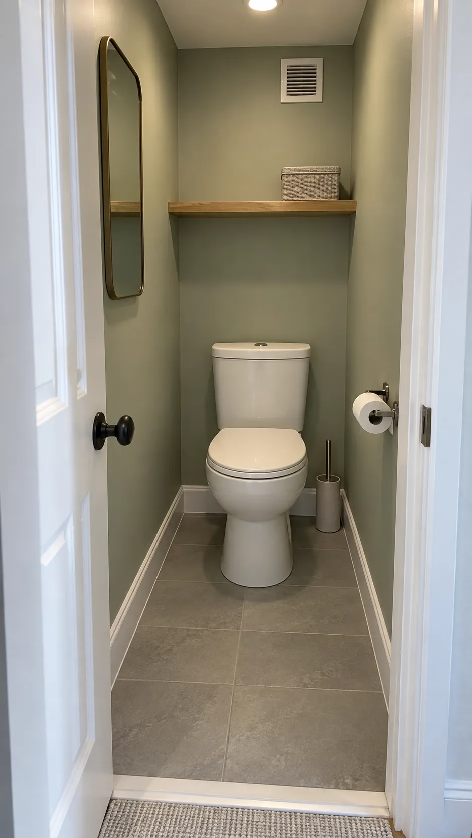 Finished small toilet closet with a clear floor and simple accessories