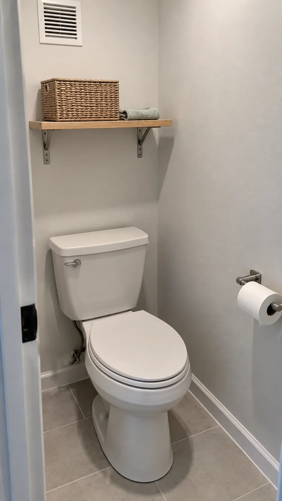 Secure shallow shelf above toilet with restrained covered storage