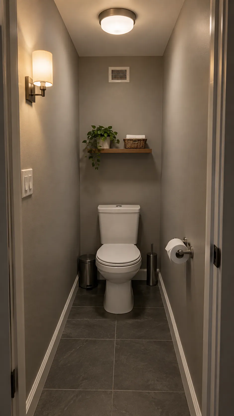 Narrow toilet room with balanced ceiling and side lighting