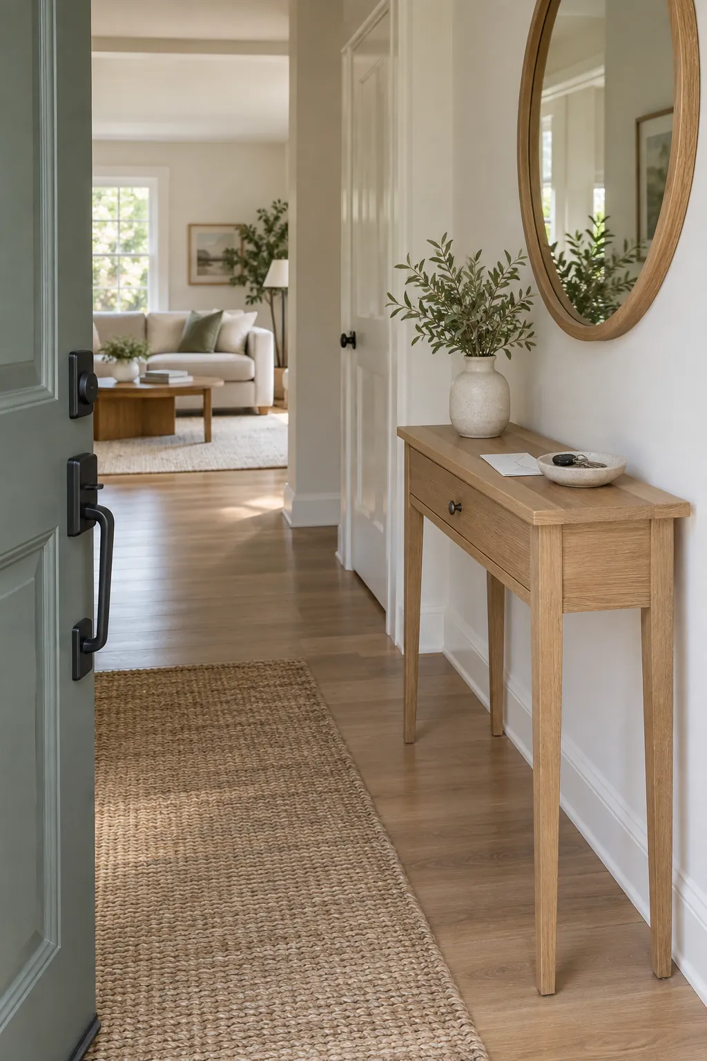 Slim oak entry table in a welcoming foyer with a clear walkway