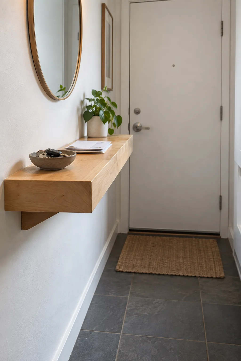 Floating Shelf as a Table Alternative in a real home entrance