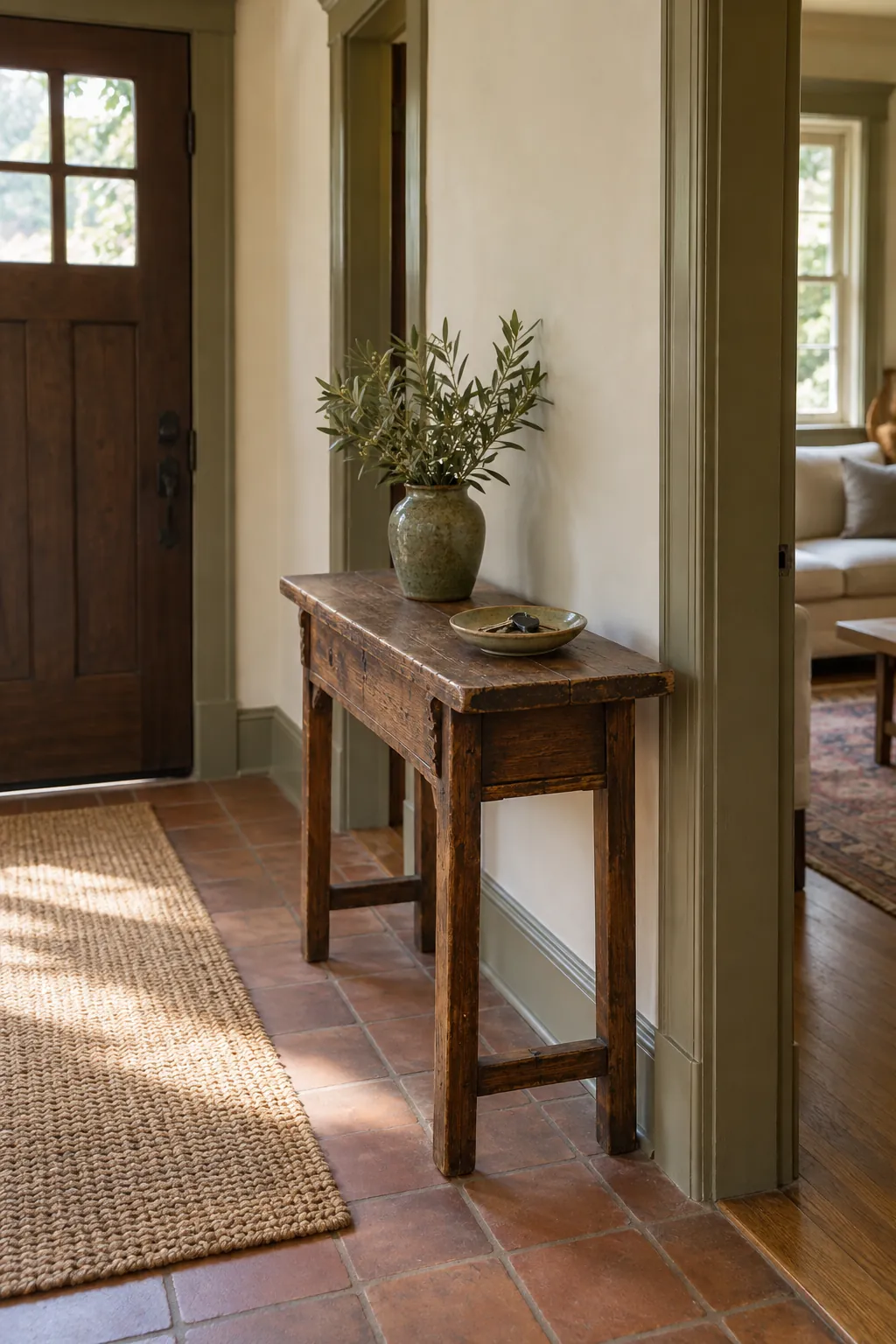 Vintage Wood Table With Patina in a real home entrance