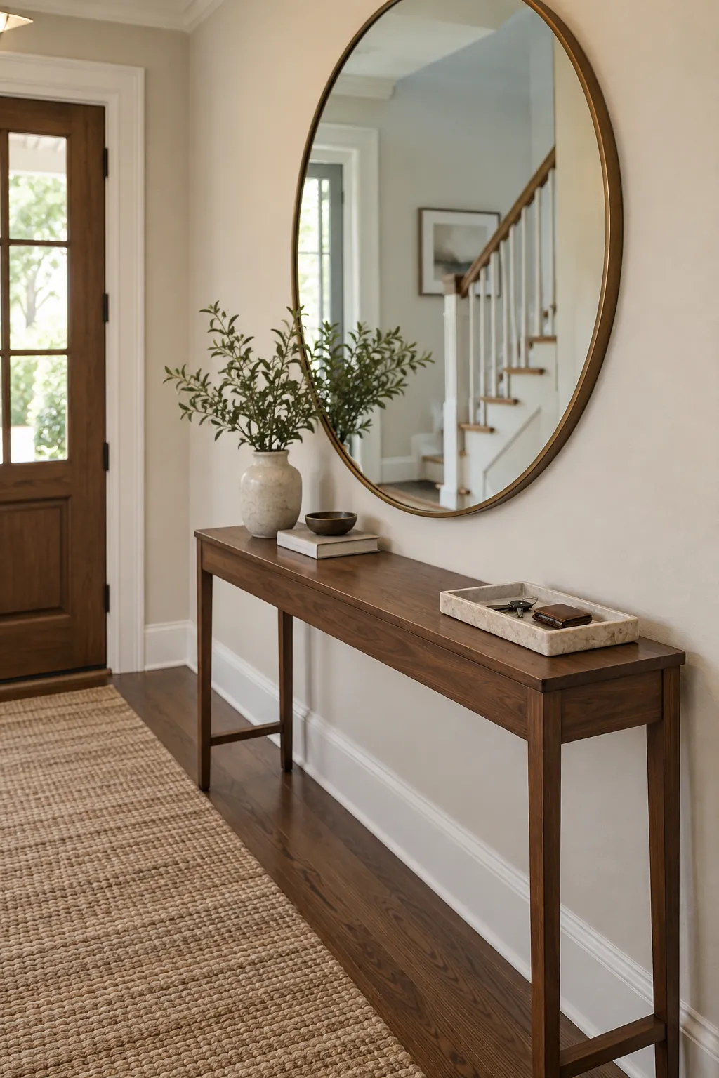Console Under a Large Mirror in a real home entrance