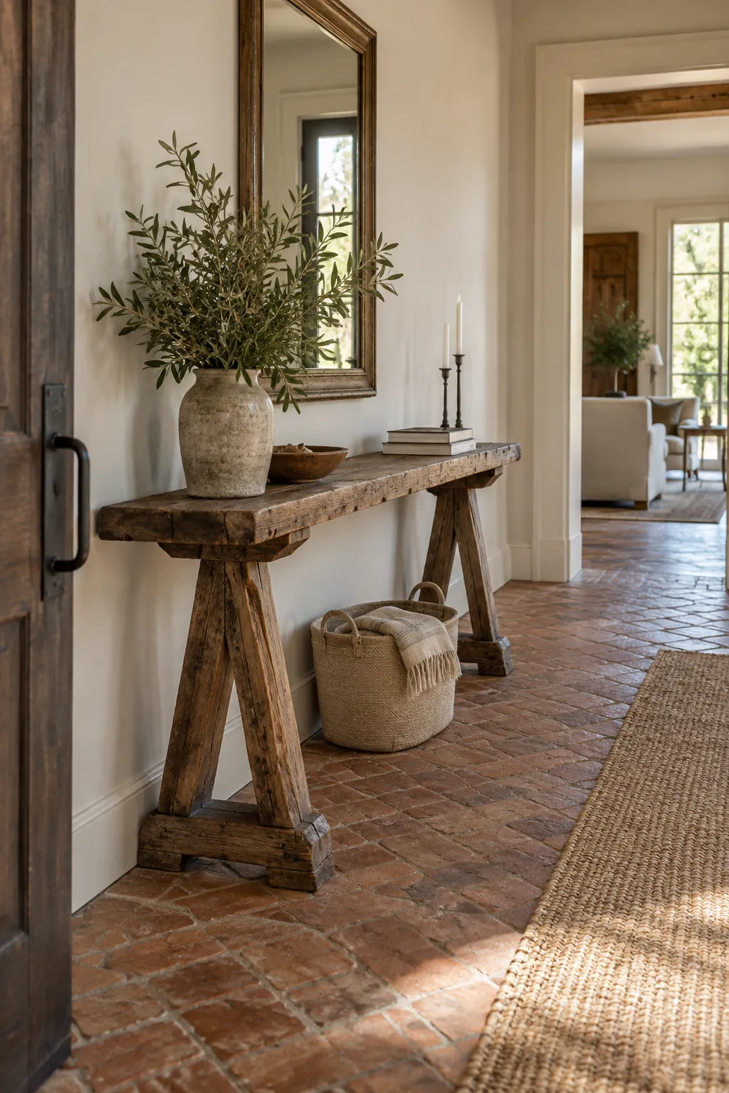 Rustic Trestle Table in an Open Entry in a real home entrance