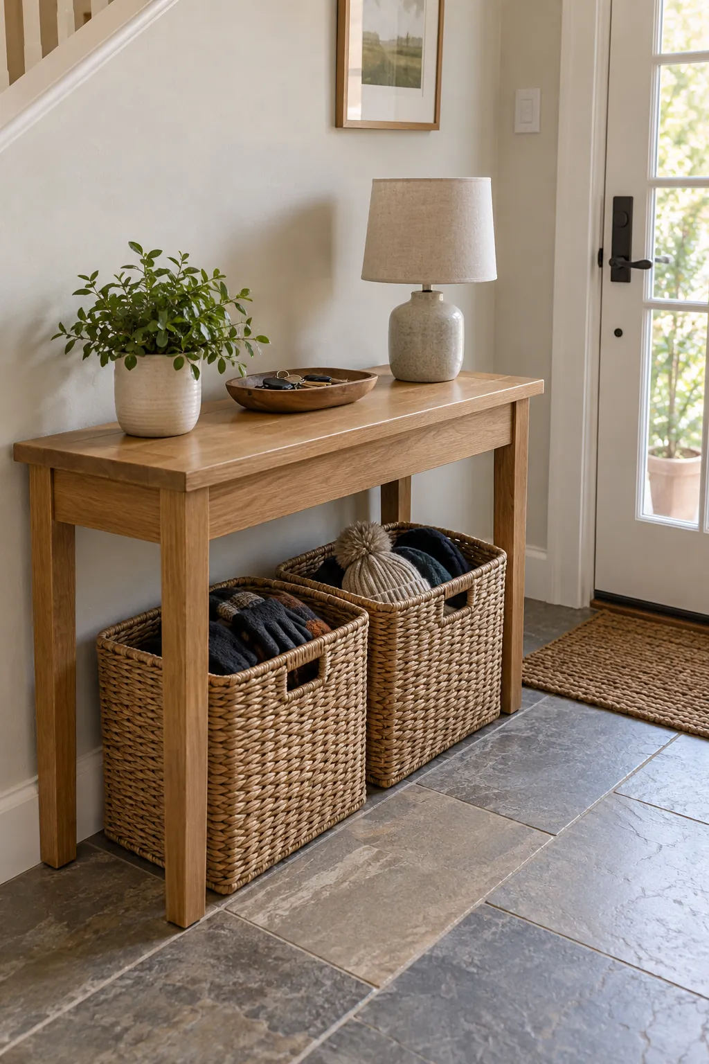 Console With Woven Baskets Below in a real home entrance