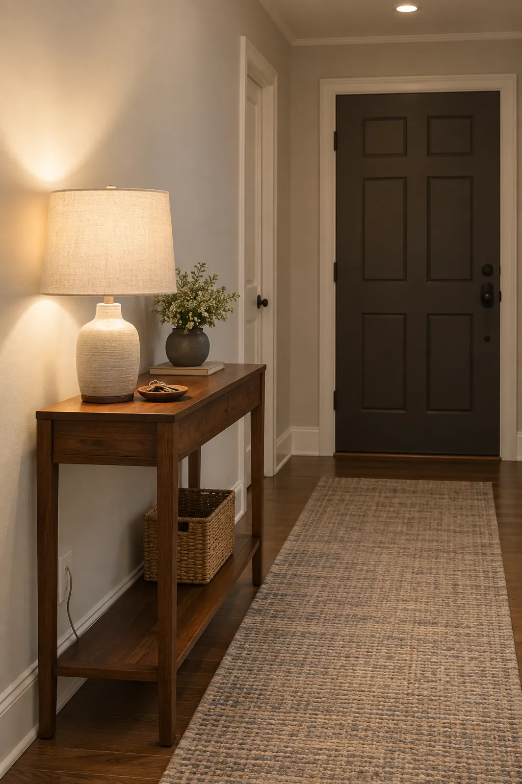 Console With a Single Table Lamp in a real home entrance