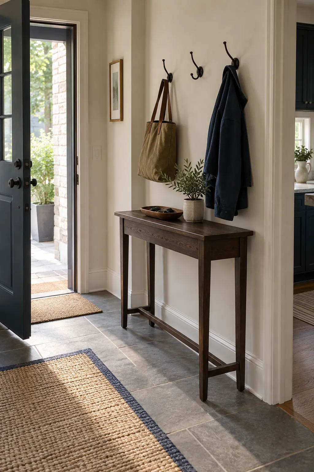 Entry Table Paired With Wall Hooks in a real home entrance