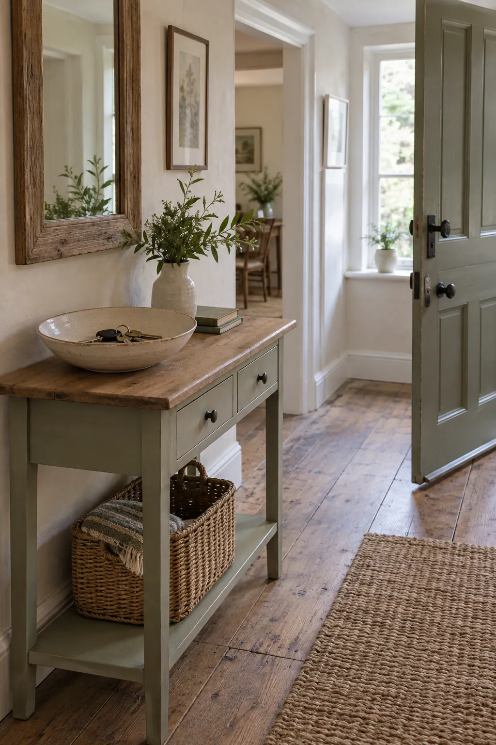 Farmhouse Table With a Ceramic Bowl in a real home entrance